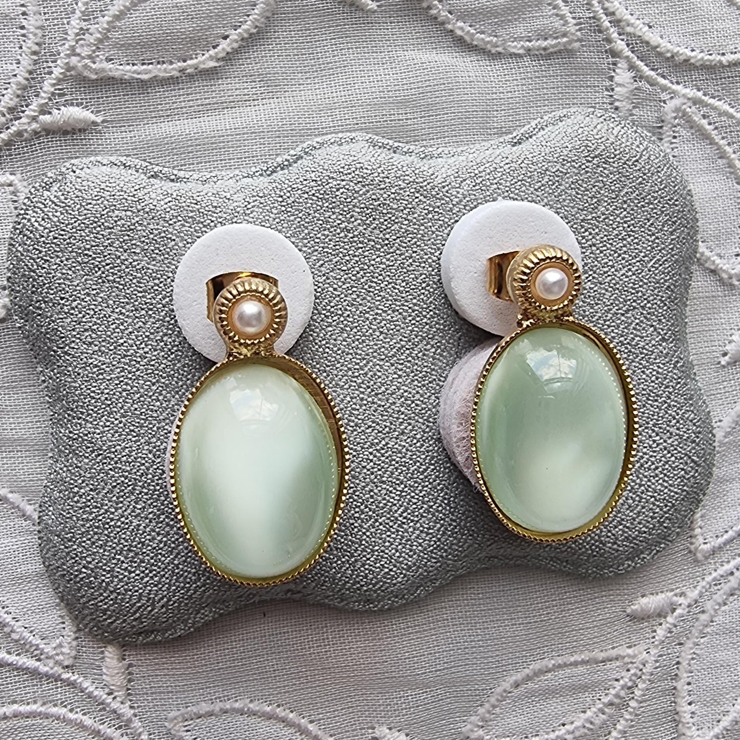 Posts - Faux Pearl and Green Cabochon Stud Earrings