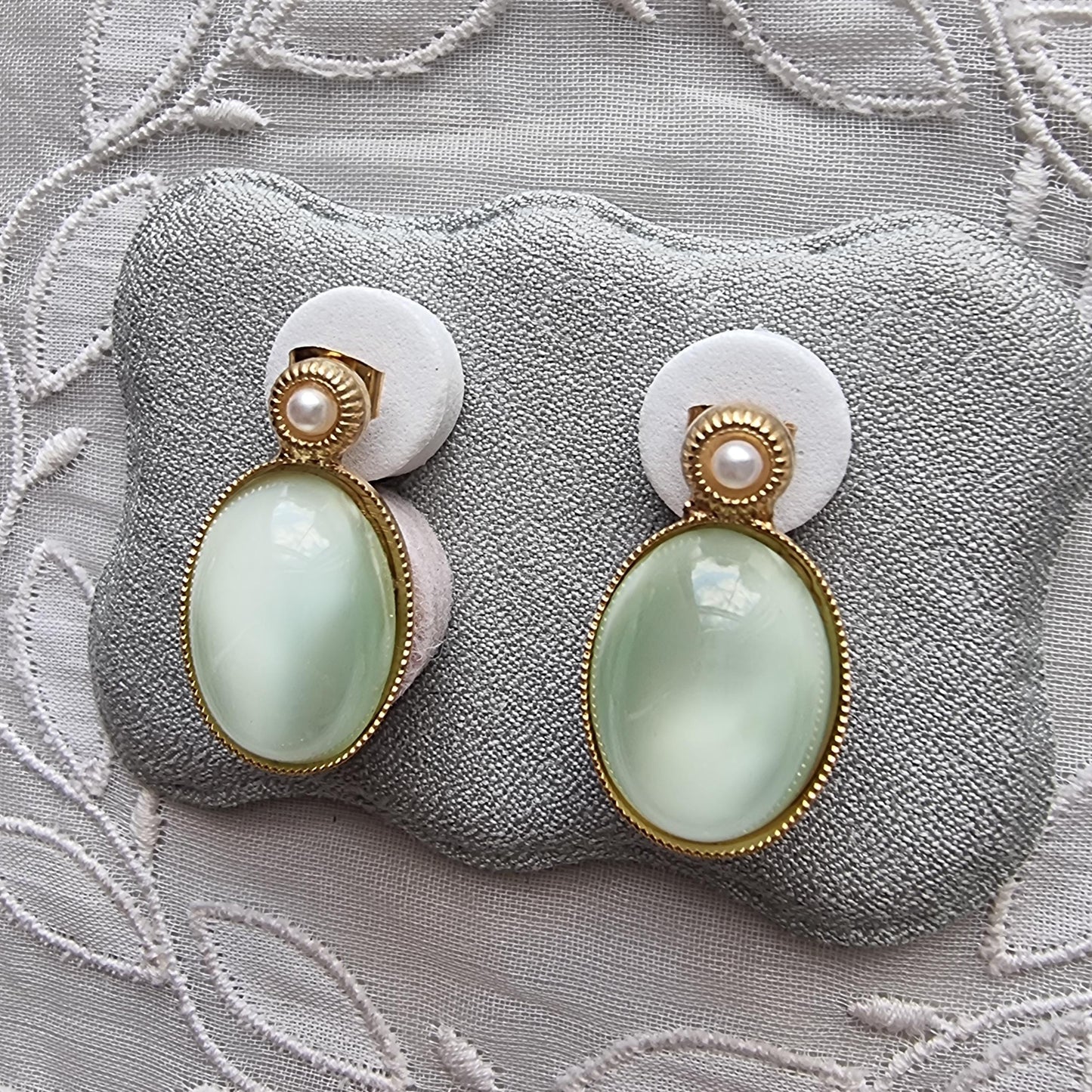 Posts - Faux Pearl and Green Cabochon Stud Earrings