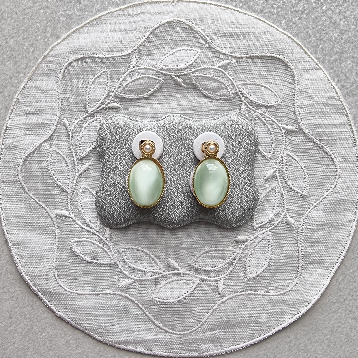 Posts - Faux Pearl and Green Cabochon Stud Earrings