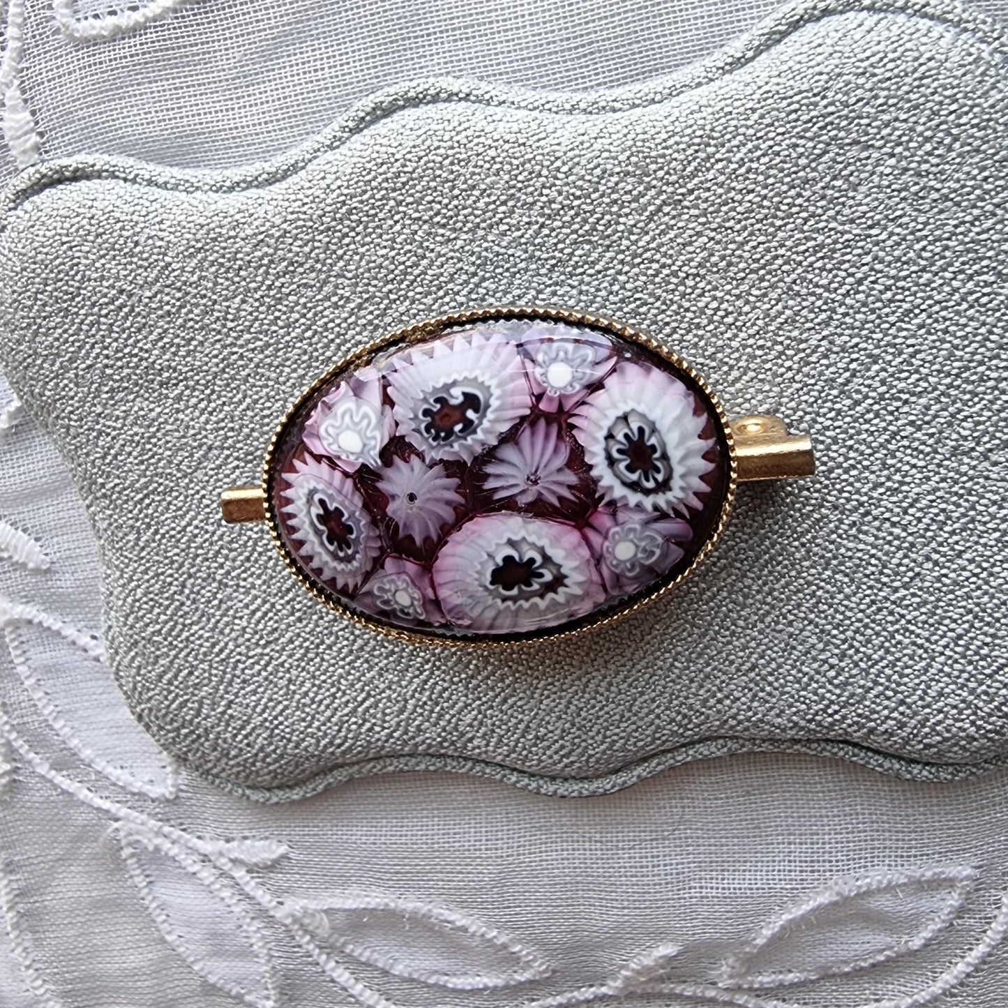 Brooch - Purple and White Milefiori Glass Cabochon Brooch