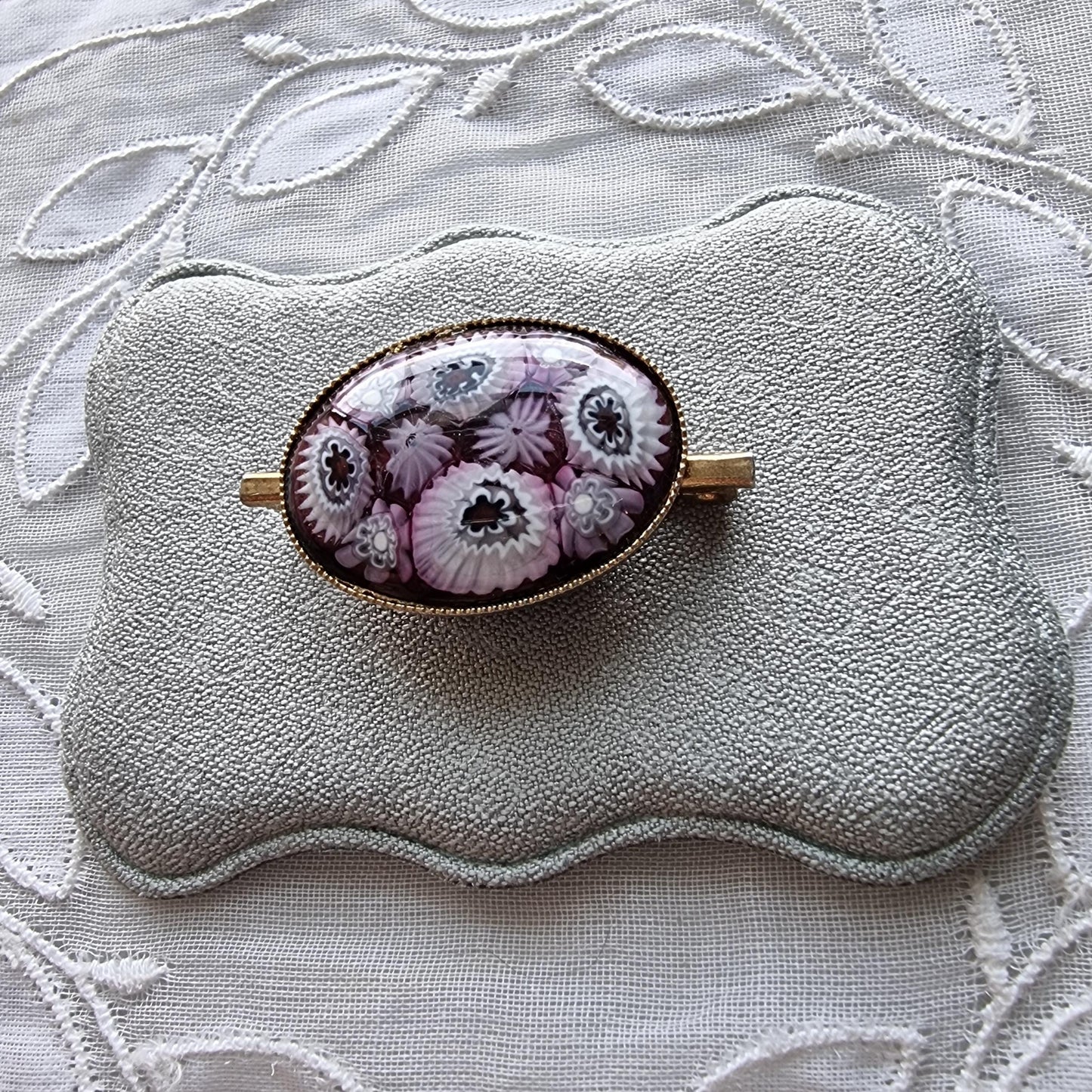 Brooch - Purple and White Milefiori Glass Cabochon Brooch