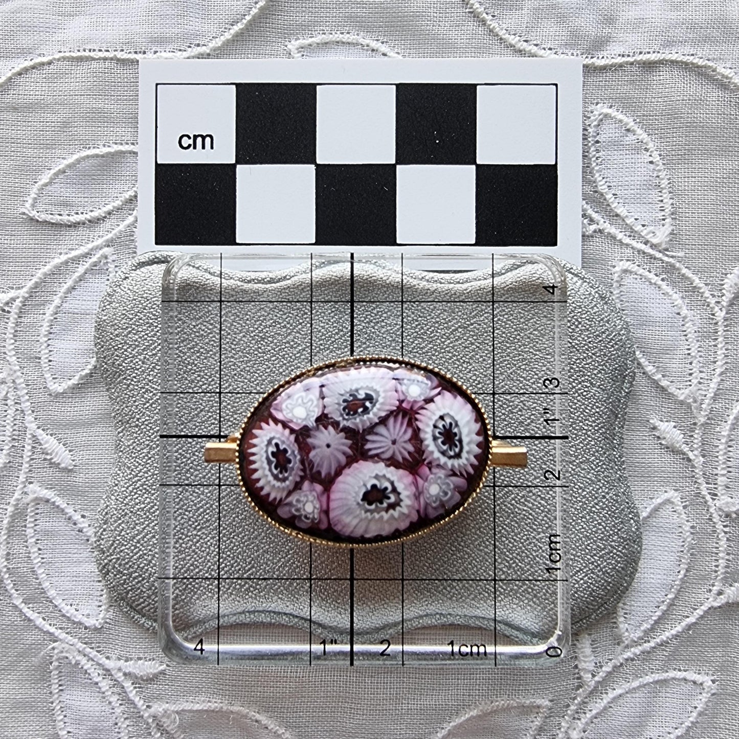 Brooch - Purple and White Milefiori Glass Cabochon Brooch