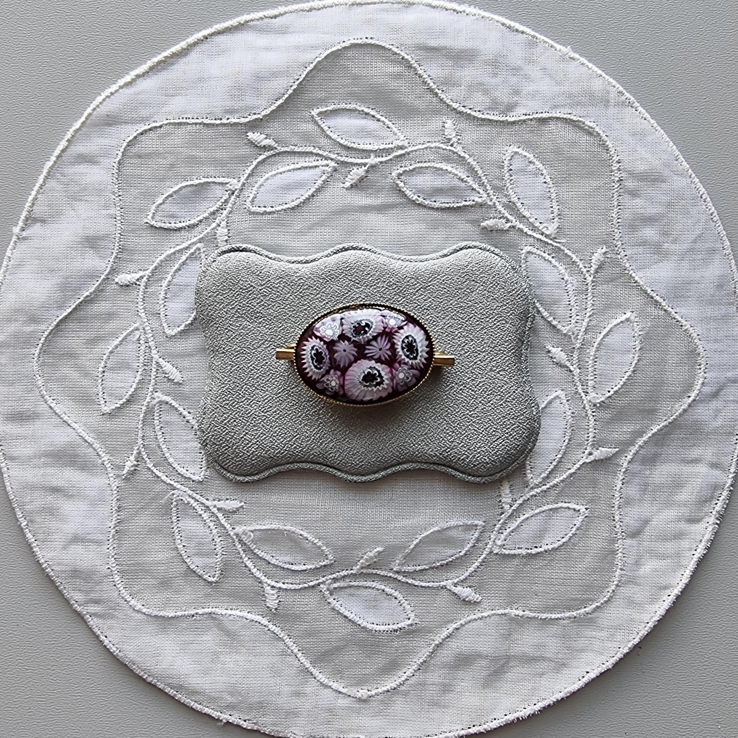 Brooch - Purple and White Milefiori Glass Cabochon Brooch