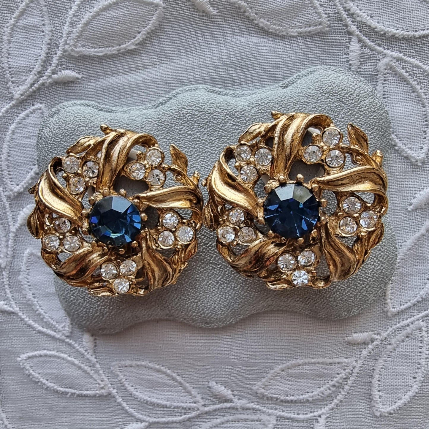 Clip on - Blue and Clear Crystals Wreath Clip on Earrings
