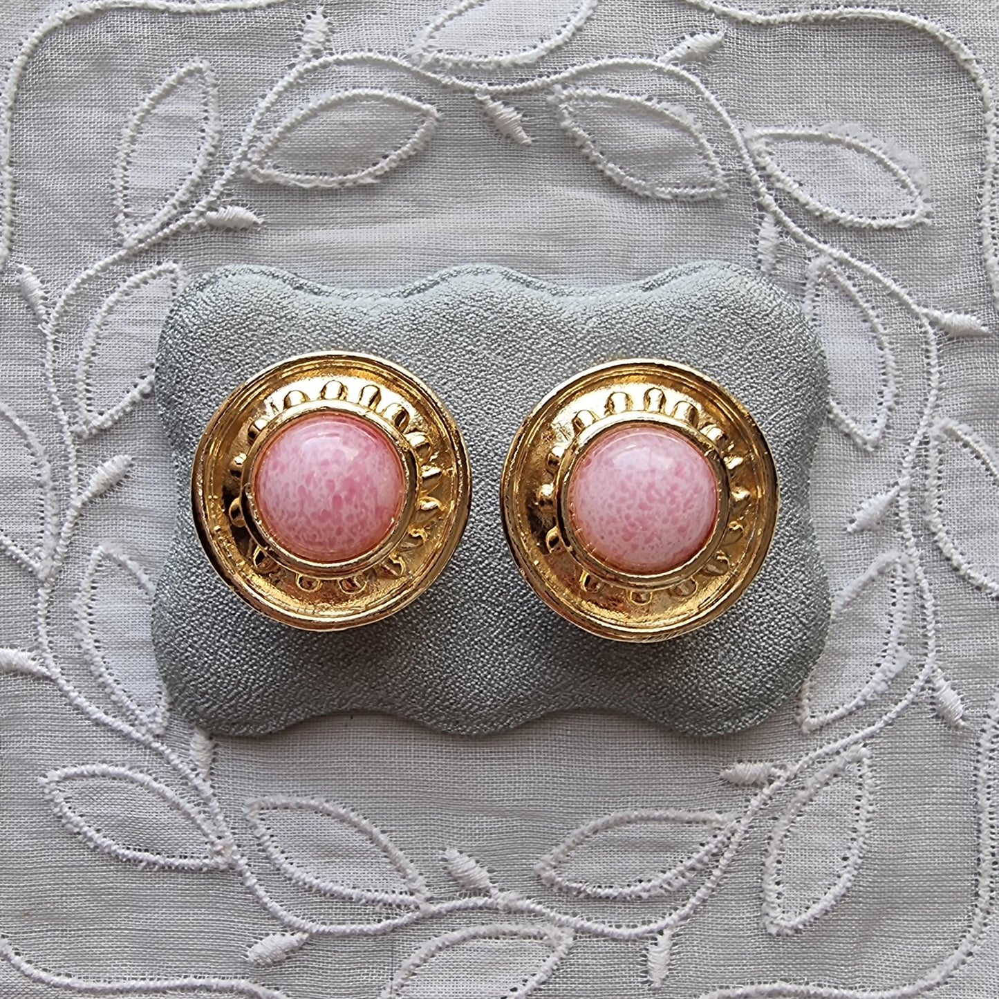 Clip on - Etruscan Pink Glass Cabochon Round Clip on Earrings