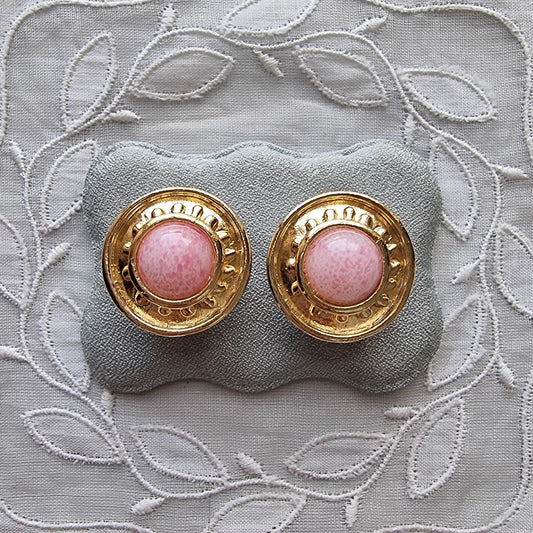 Clip on - Etruscan Pink Glass Cabochon Round Clip on Earrings
