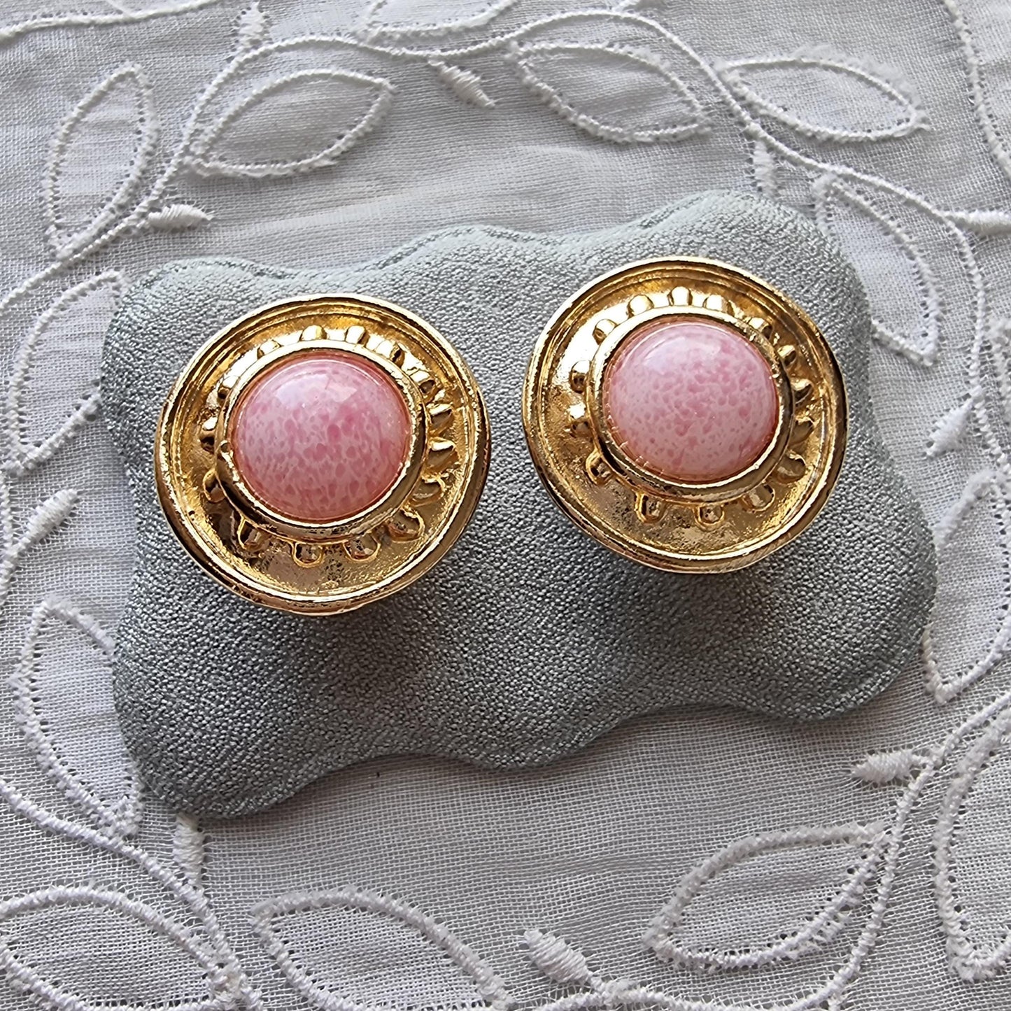 Clip on - Etruscan Pink Glass Cabochon Round Clip on Earrings