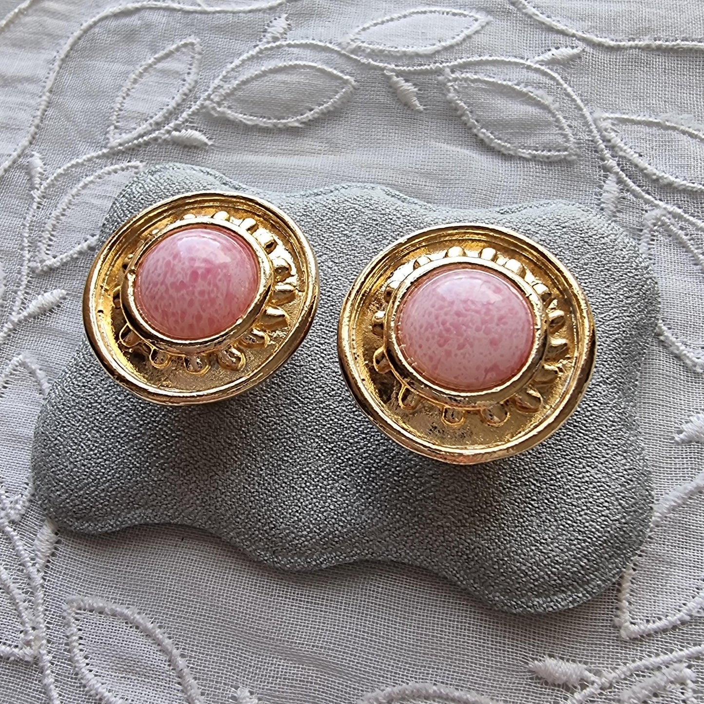 Clip on - Etruscan Pink Glass Cabochon Round Clip on Earrings