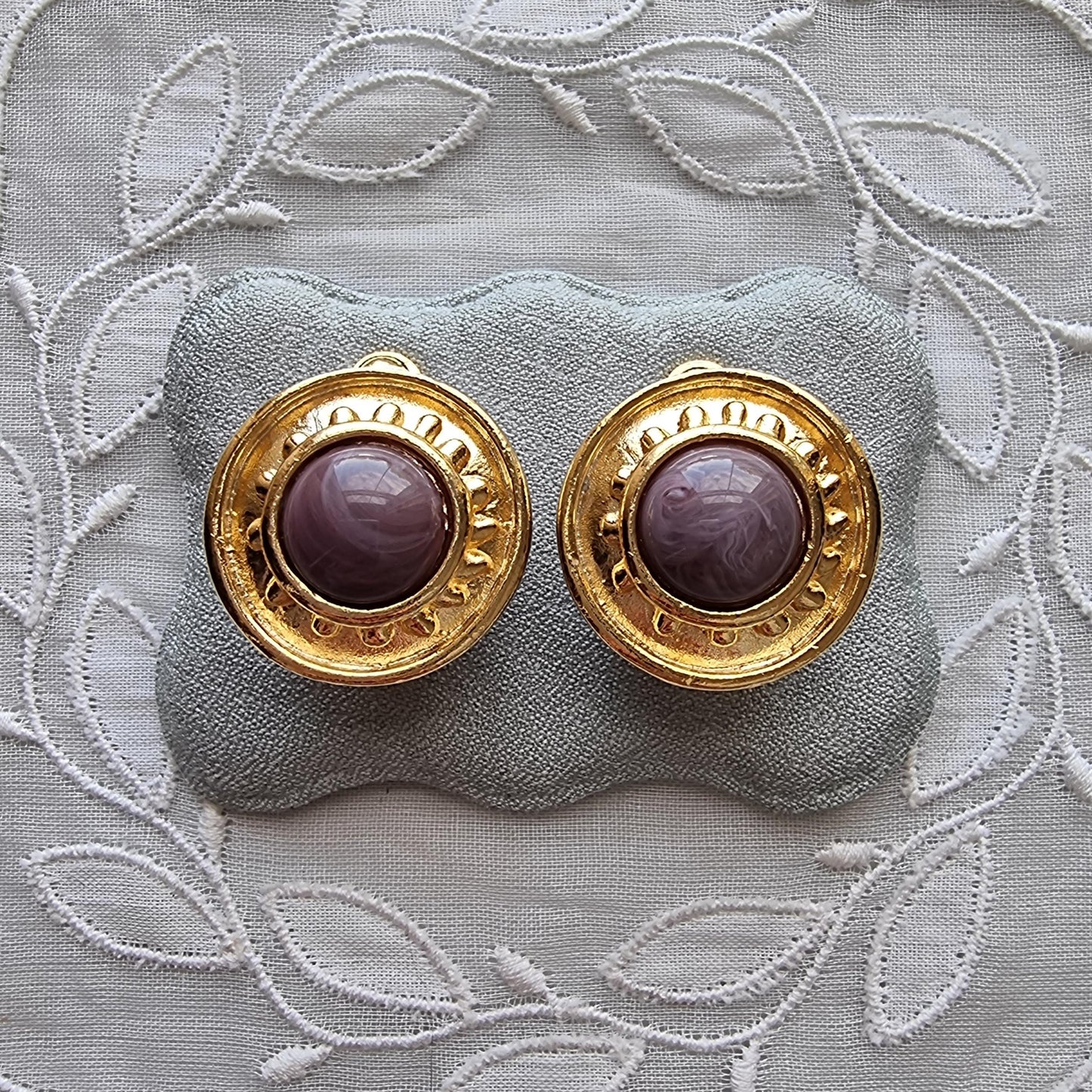 Clip on - Etruscan Purple Marbled Glass Cabochon Round Clip on Earrings