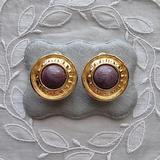 Clip on - Etruscan Purple Marbled Glass Cabochon Round Clip on Earrings