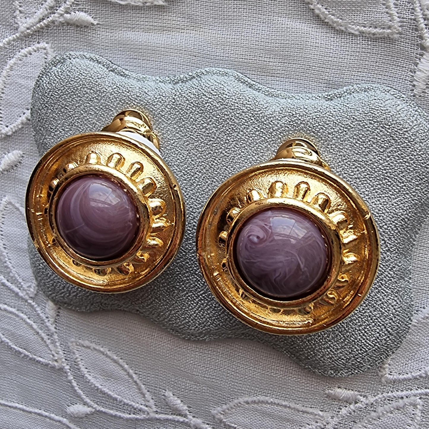 Clip on - Etruscan Purple Marbled Glass Cabochon Round Clip on Earrings