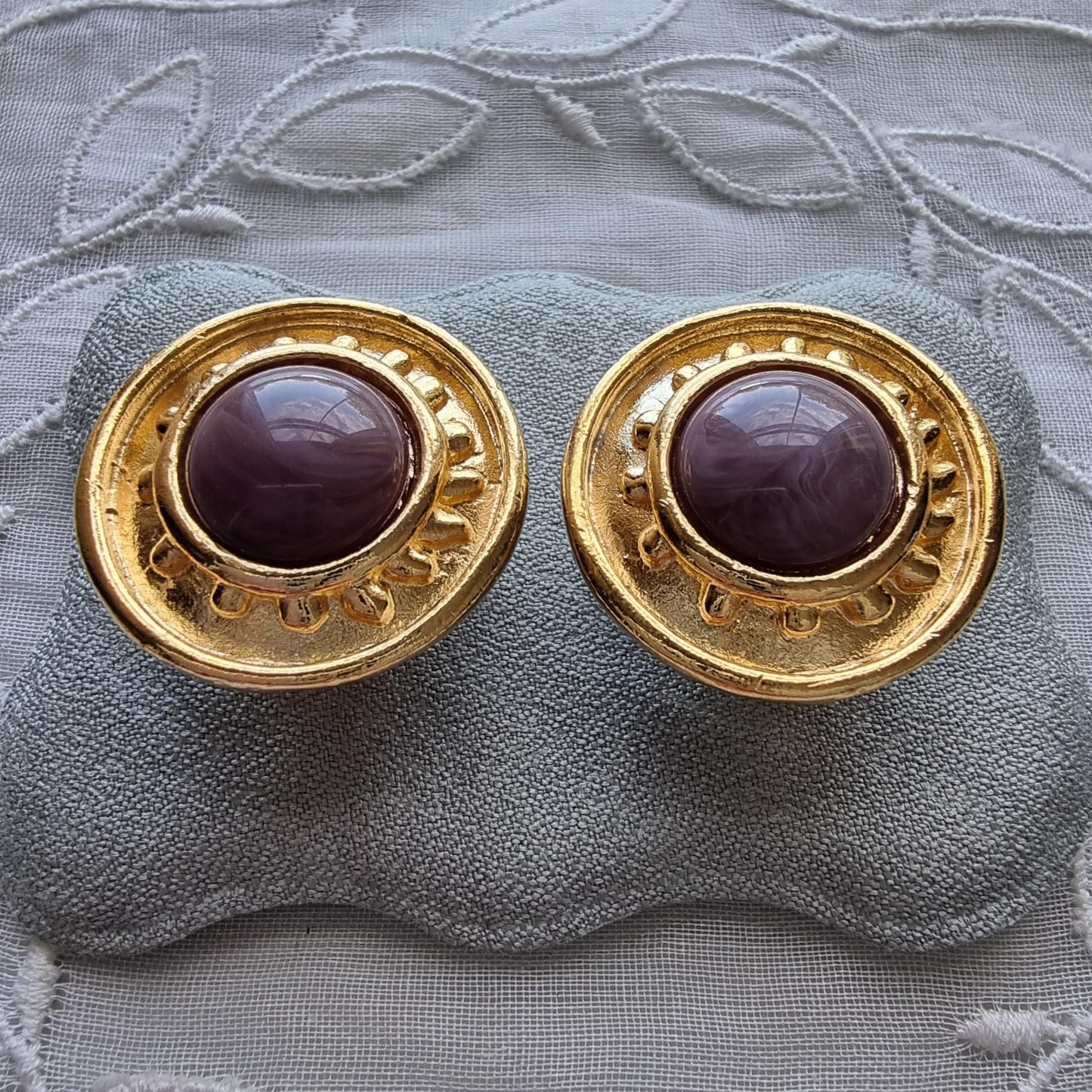 Clip on - Etruscan Purple Marbled Glass Cabochon Round Clip on Earrings
