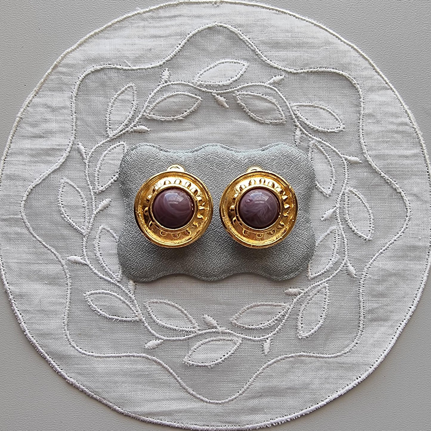 Clip on - Etruscan Purple Marbled Glass Cabochon Round Clip on Earrings