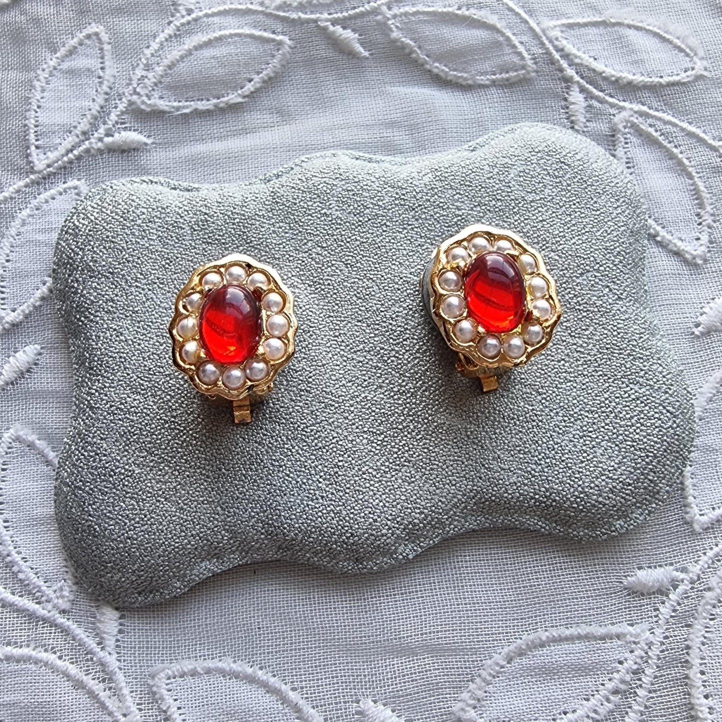 Clip on - Red Cabochon and Seed Pearls Clip on Earrings