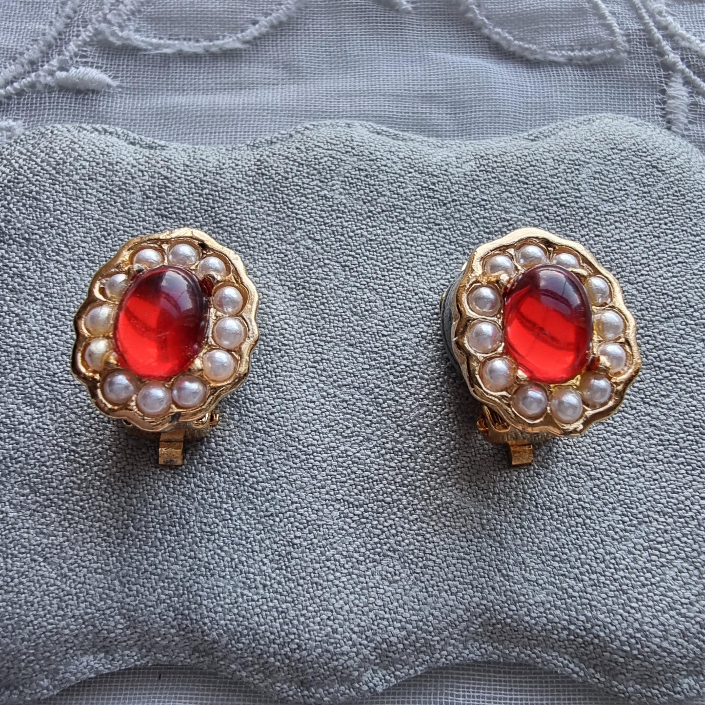 Clip on - Red Cabochon and Seed Pearls Clip on Earrings