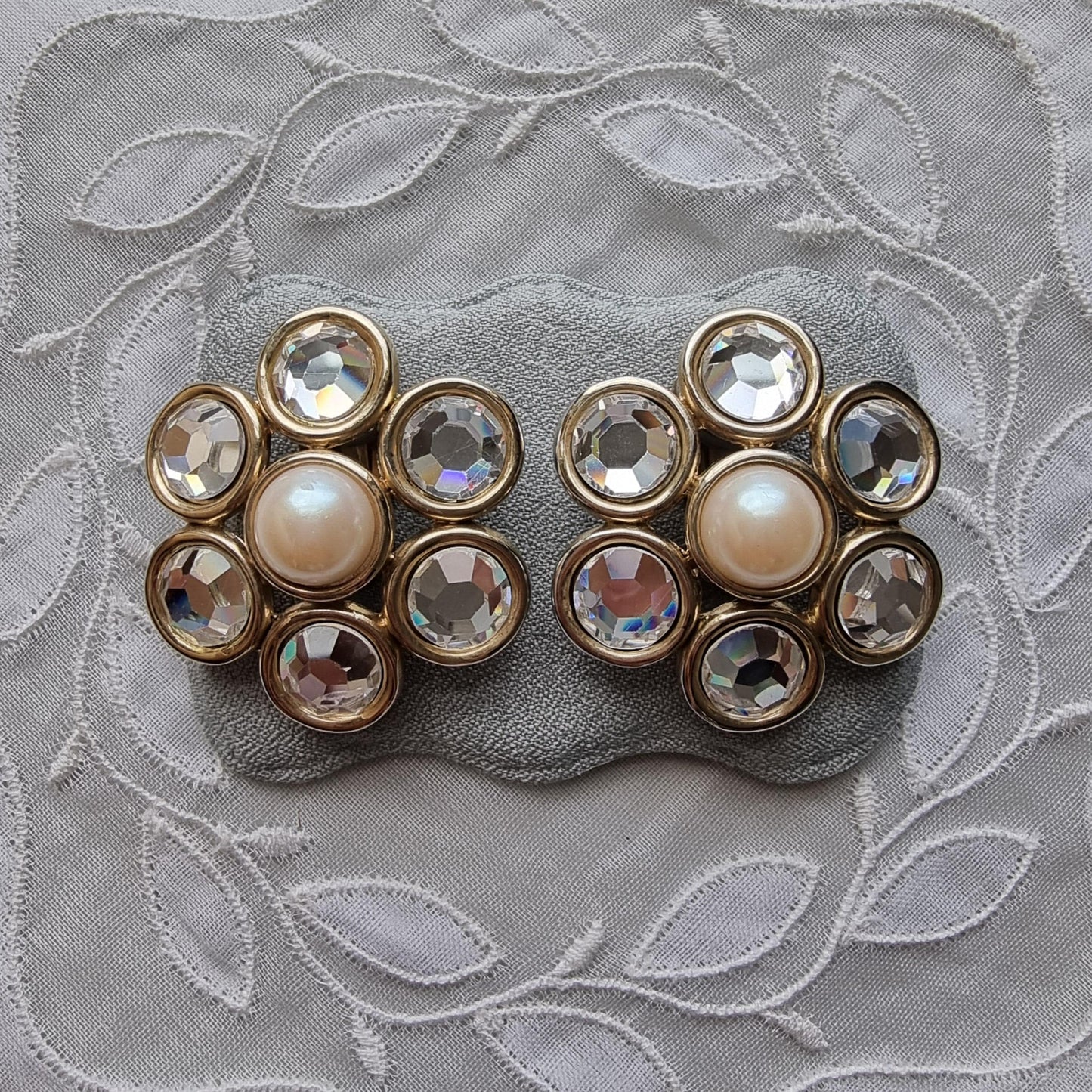 Clip on - Statement Pearl and Crystals Flower Clip on Earrings