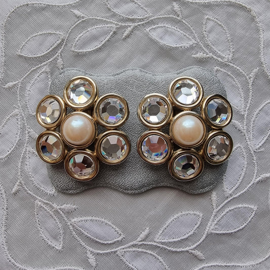 Clip on - Statement Pearl and Crystals Flower Clip on Earrings