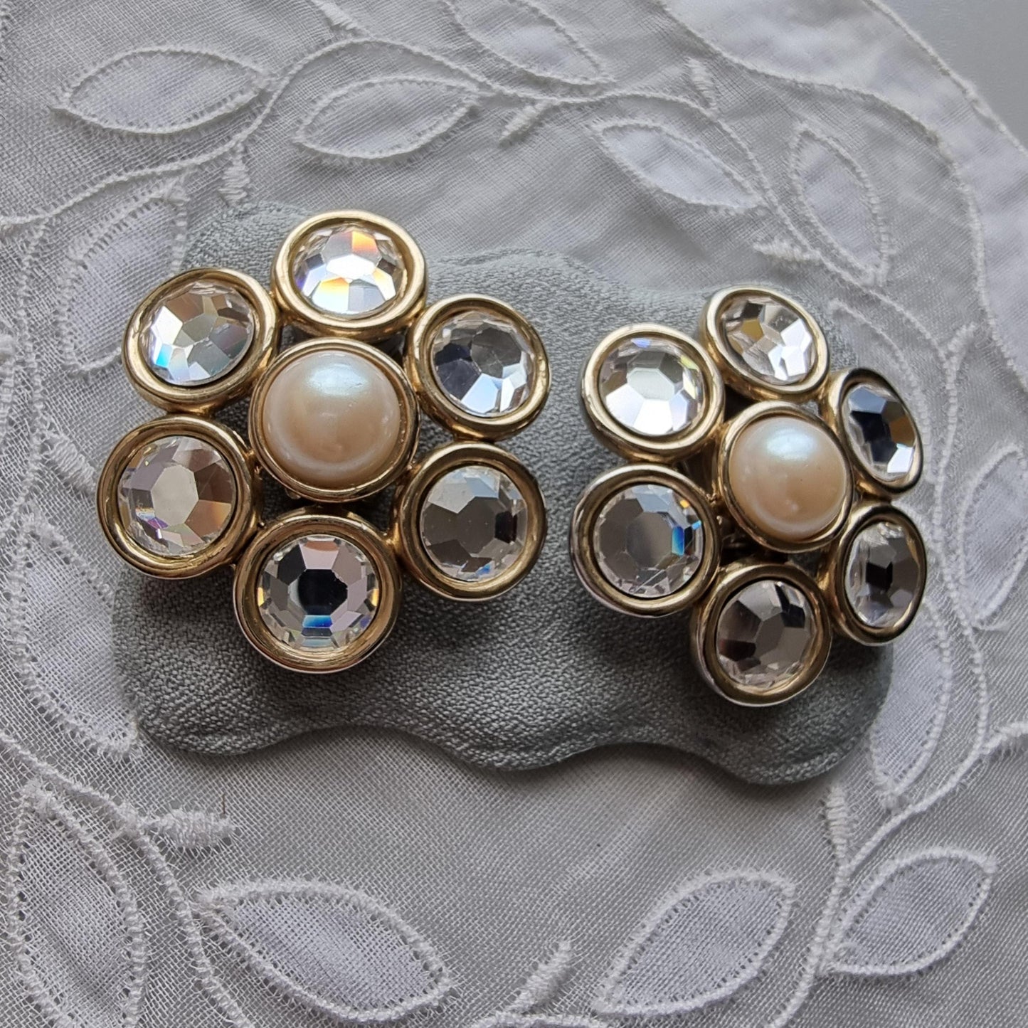 Clip on - Statement Pearl and Crystals Flower Clip on Earrings