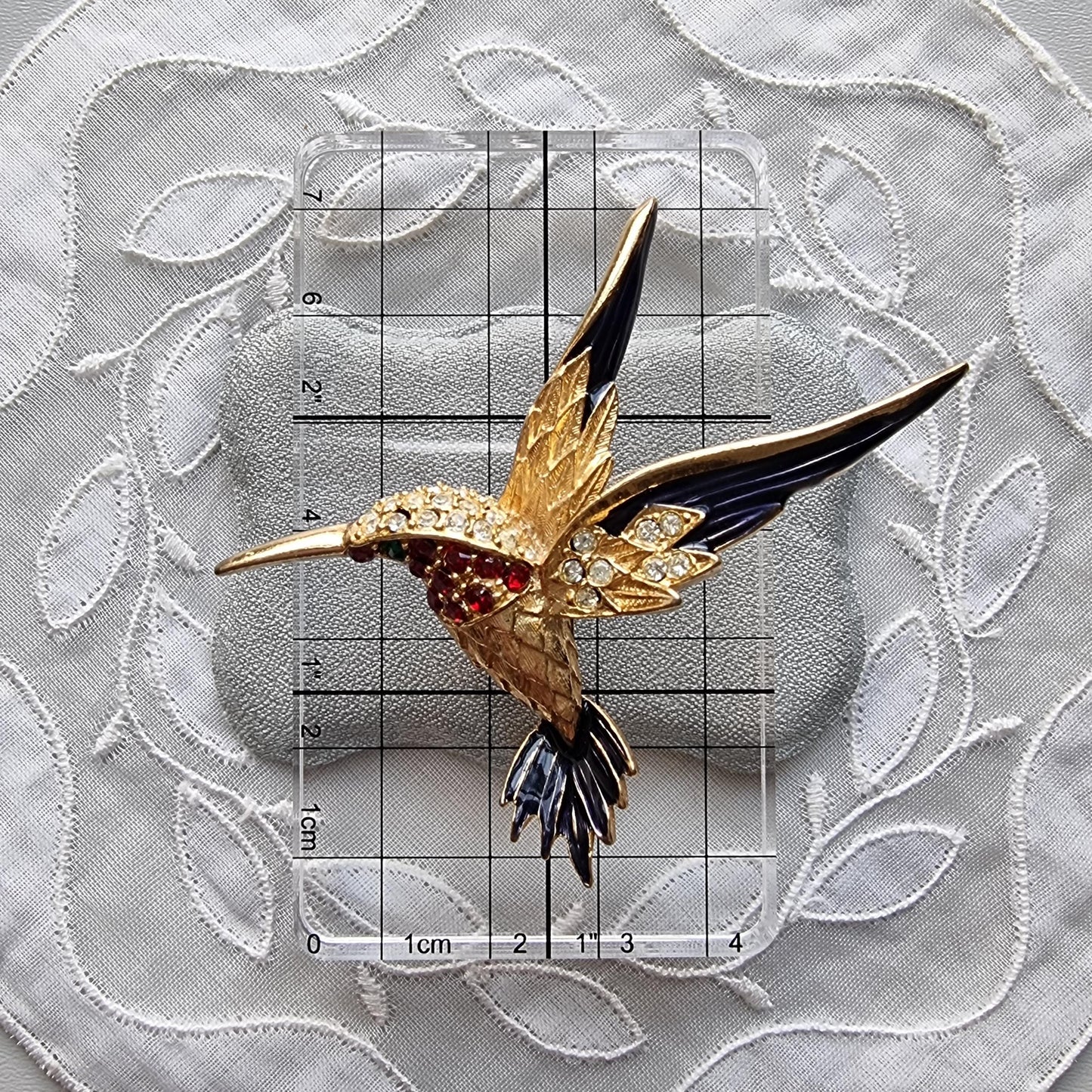 Brooch - Blue Enamel and Red and Green Crystals Hummingbird Brooch