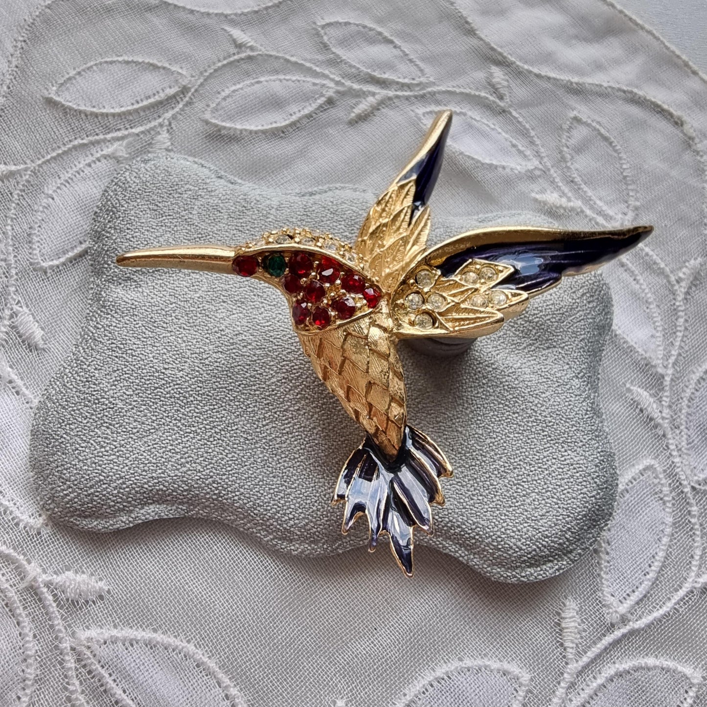 Brooch - Blue Enamel and Red and Green Crystals Hummingbird Brooch