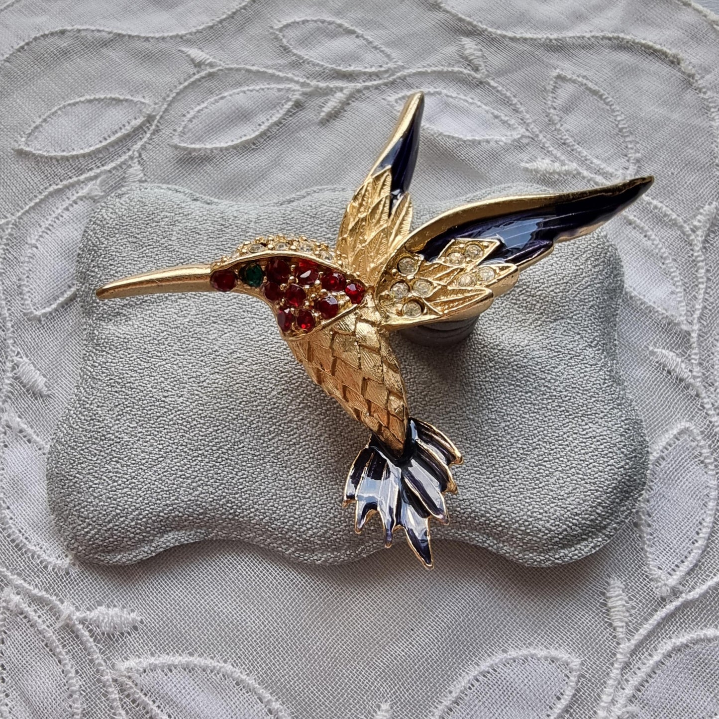 Brooch - Blue Enamel and Red and Green Crystals Hummingbird Brooch