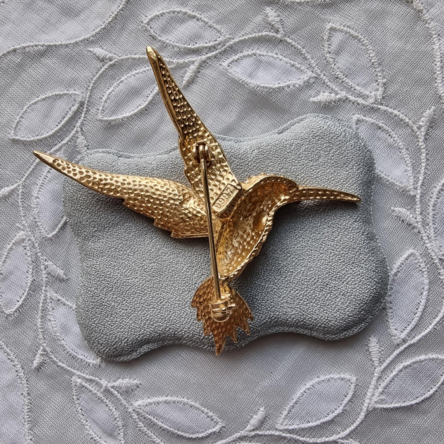 Brooch - Blue Enamel and Red and Green Crystals Hummingbird Brooch