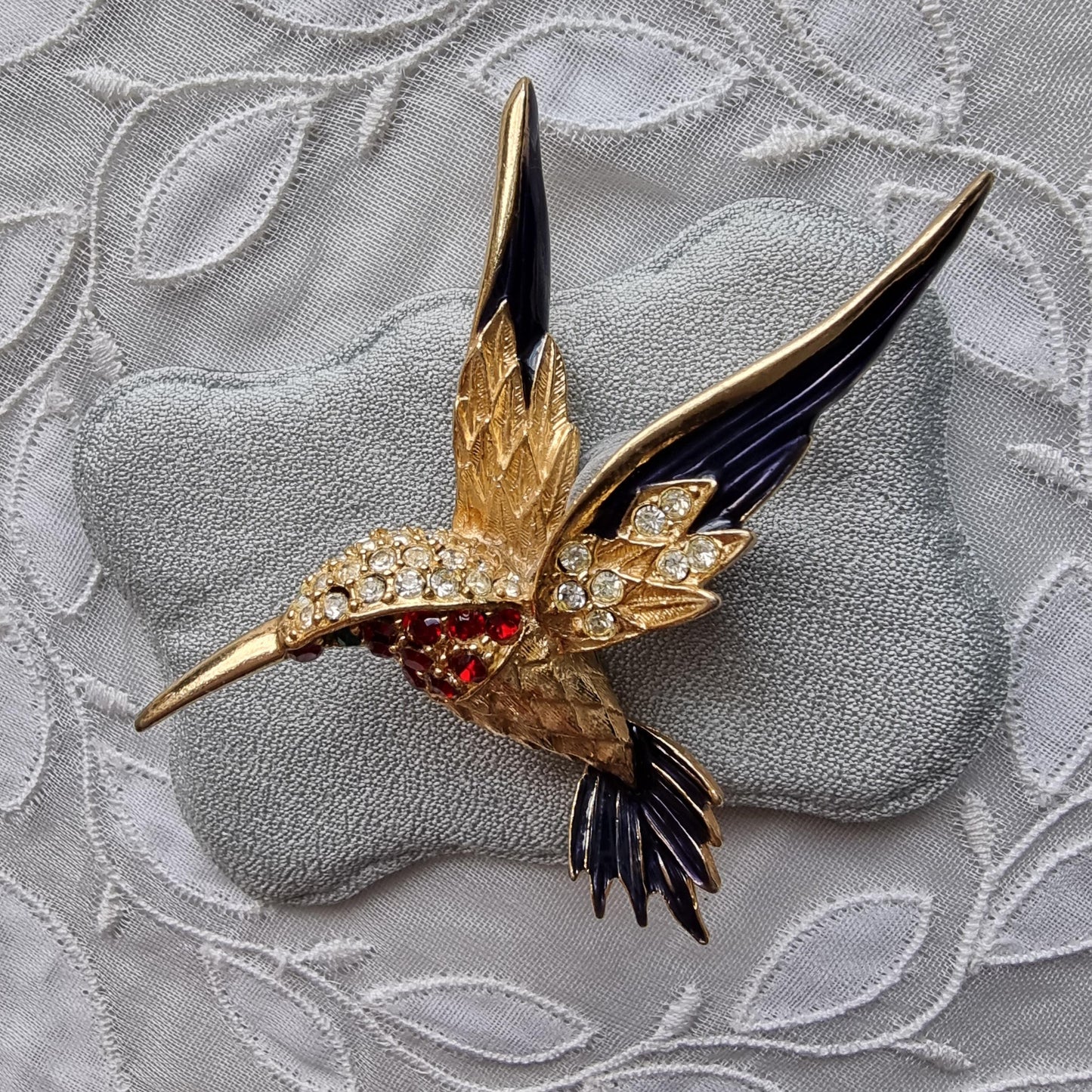 Brooch - Blue Enamel and Red and Green Crystals Hummingbird Brooch