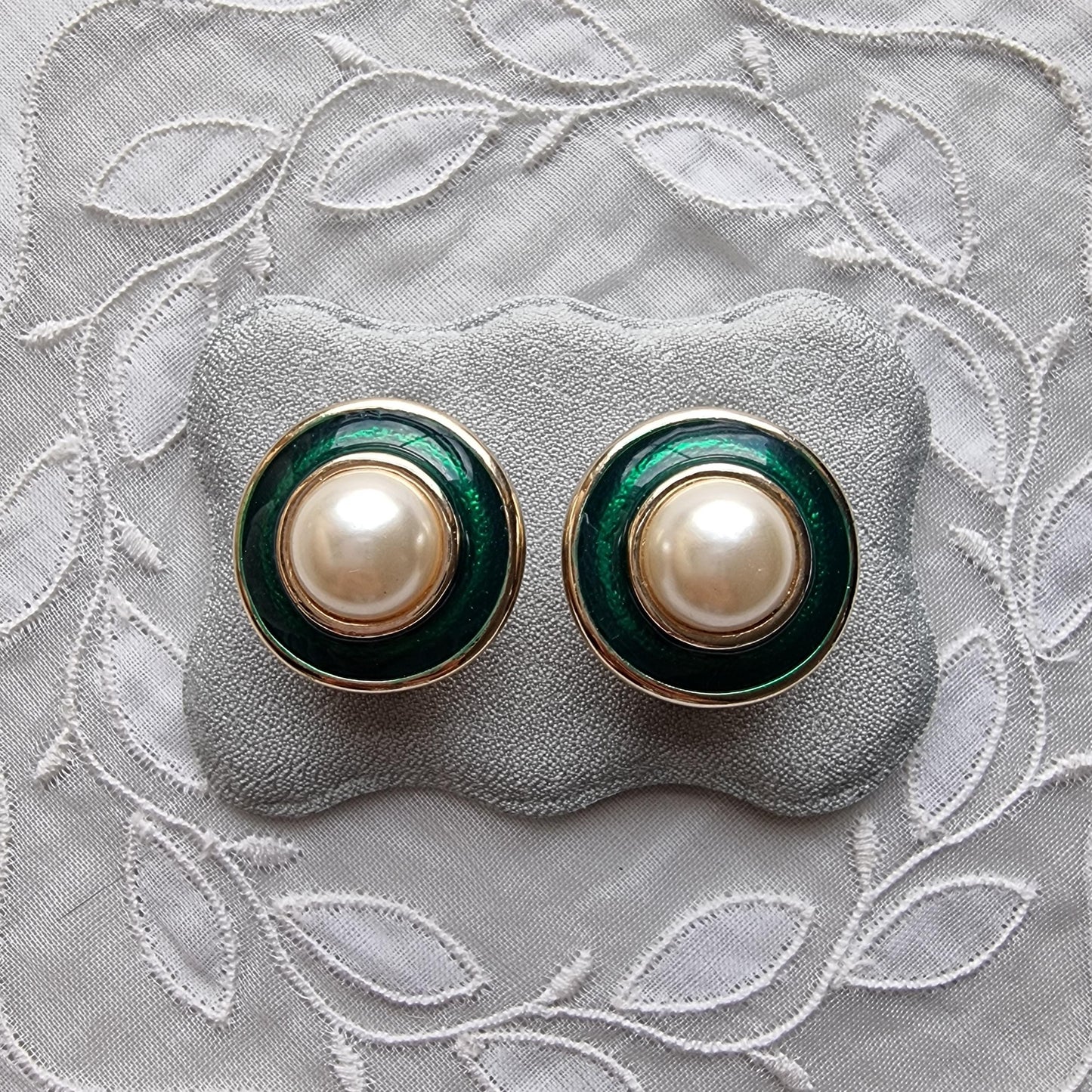 Clip on - Faux Pearl and Green Enamel Clip On Earrings