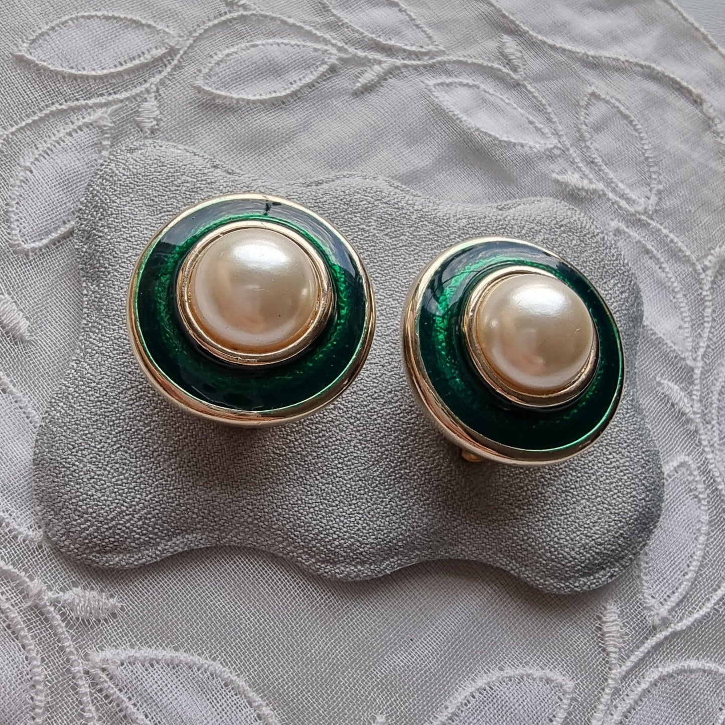 Clip on - Faux Pearl and Green Enamel Clip On Earrings