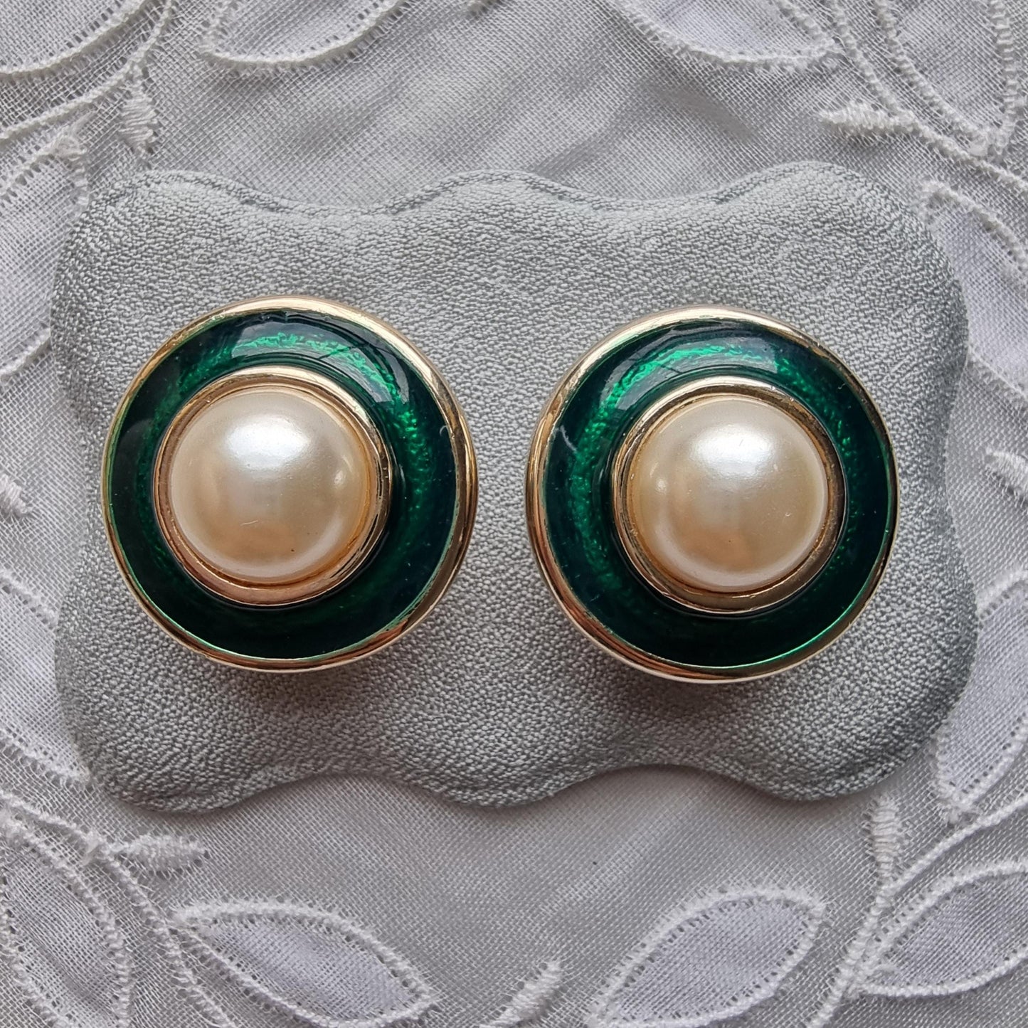 Clip on - Faux Pearl and Green Enamel Clip On Earrings