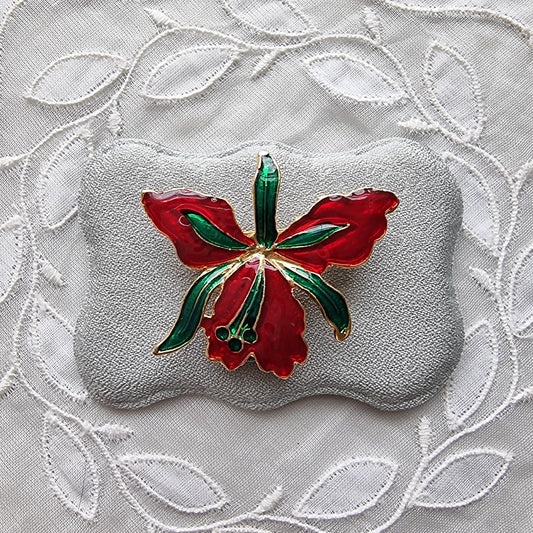Brooch - Red and Greeen Enamel Flower Brooch