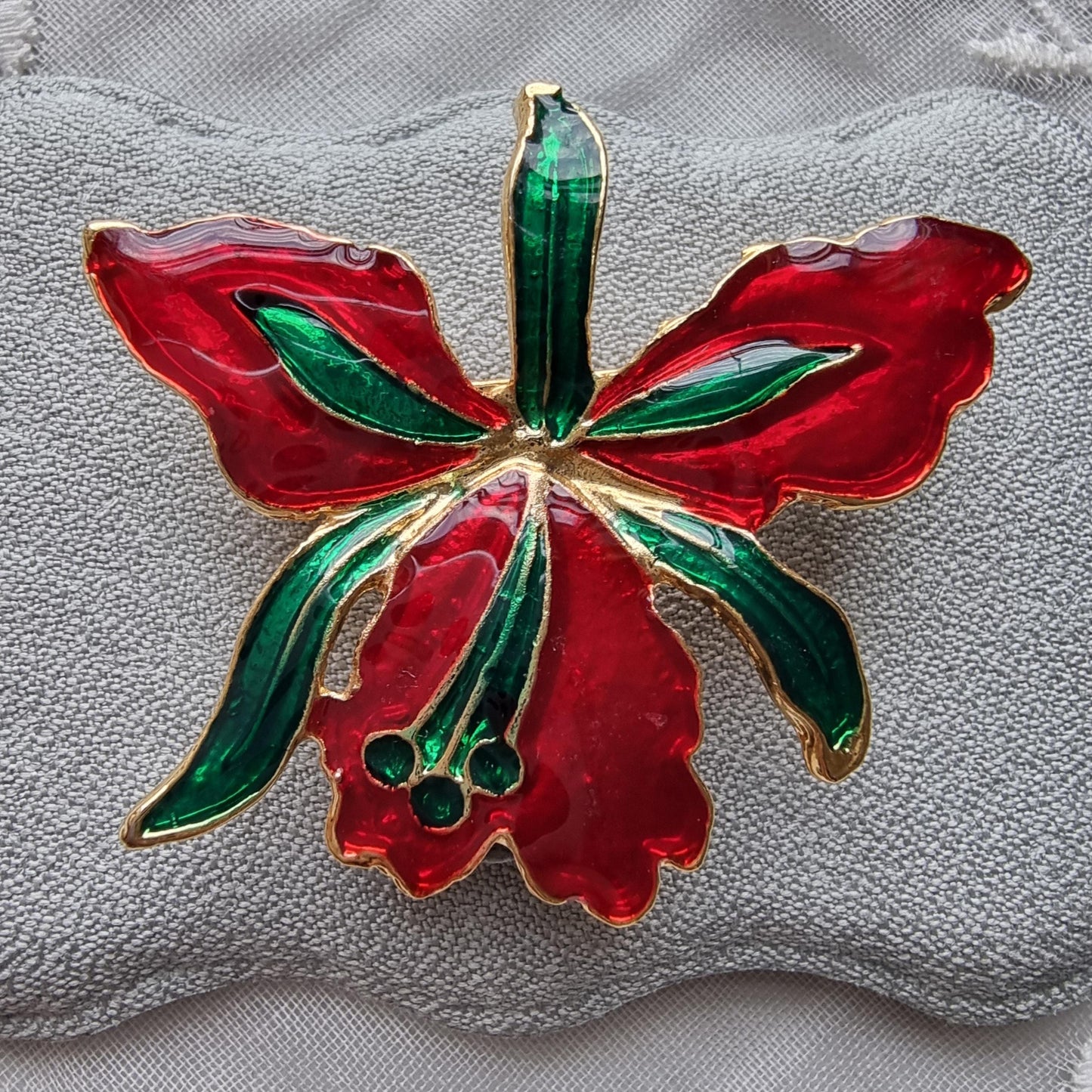 Brooch - Red and Greeen Enamel Flower Brooch
