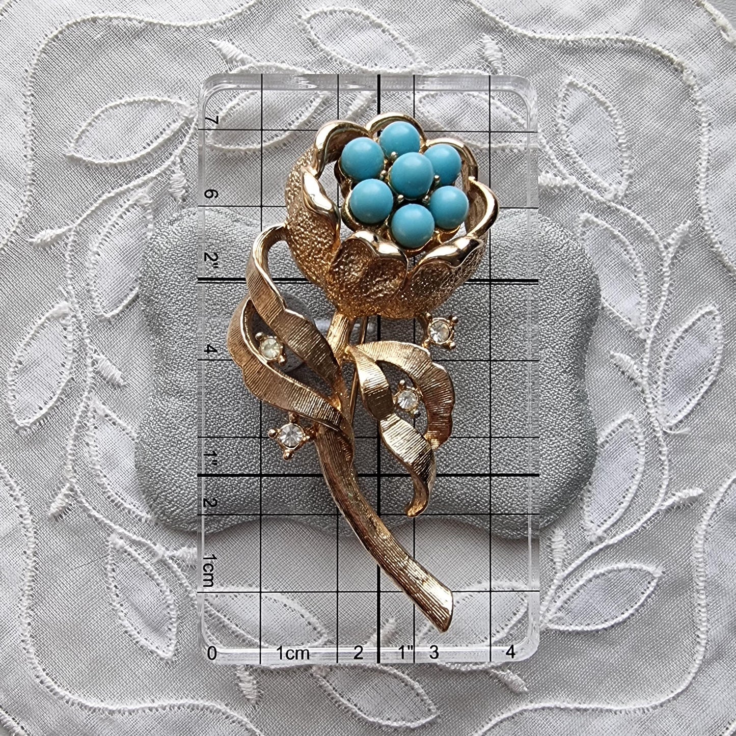 Brooch - Sarah Coventry Turquoise and Crystal Flower Stem Brooch