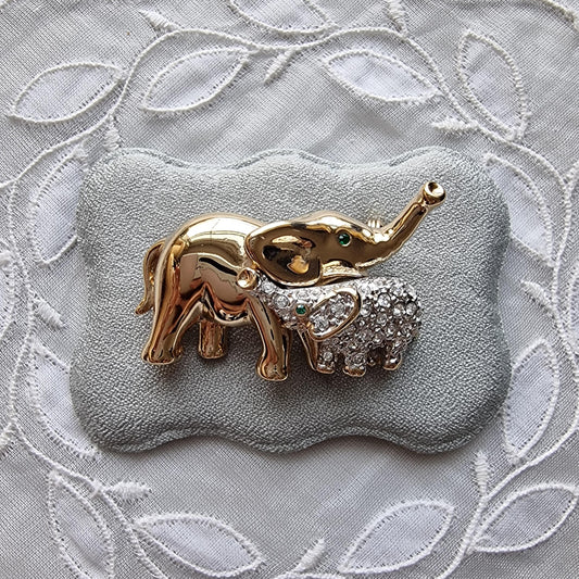 Brooch - Gold and Clear Crystals Elephants Brooch