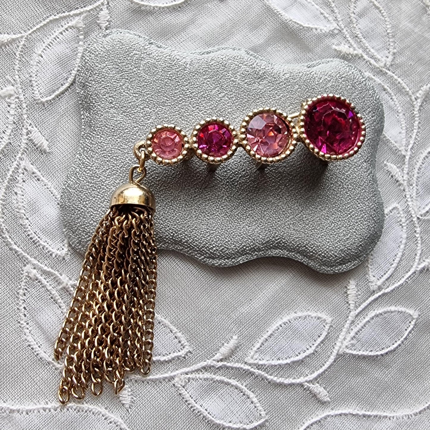 Brooch - Sarah Coventry Pink Crystals and Tassel Brooch