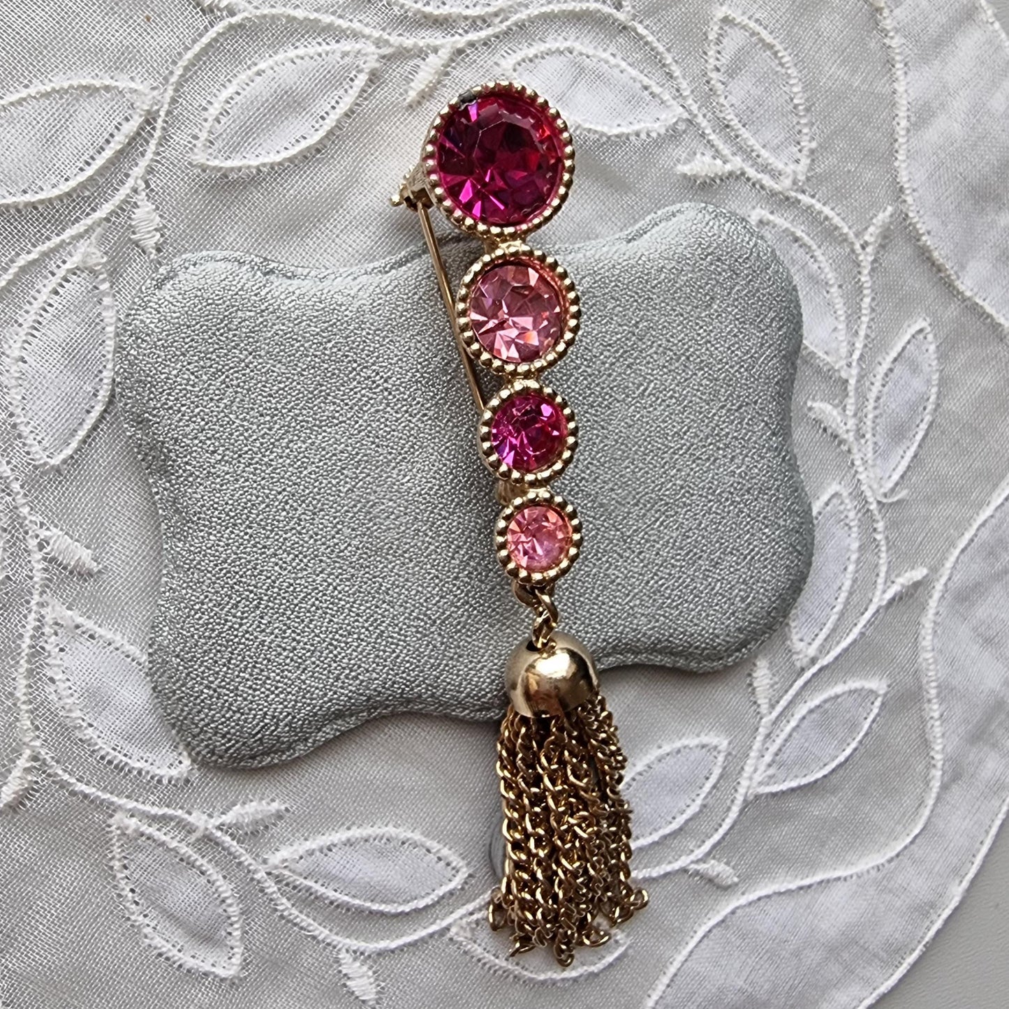 Brooch - Sarah Coventry Pink Crystals and Tassel Brooch