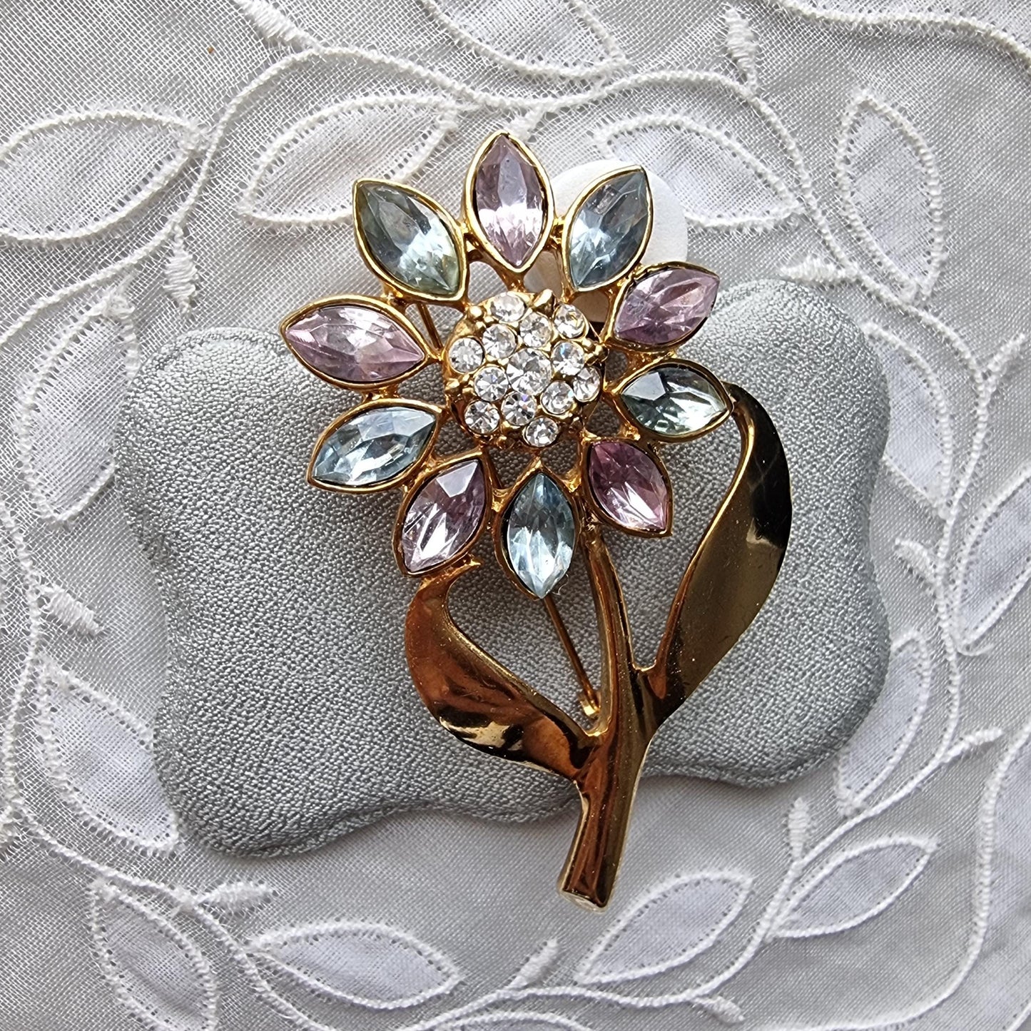 Brooch - Light Blue and Violet Crystals Flower Stem Brooch