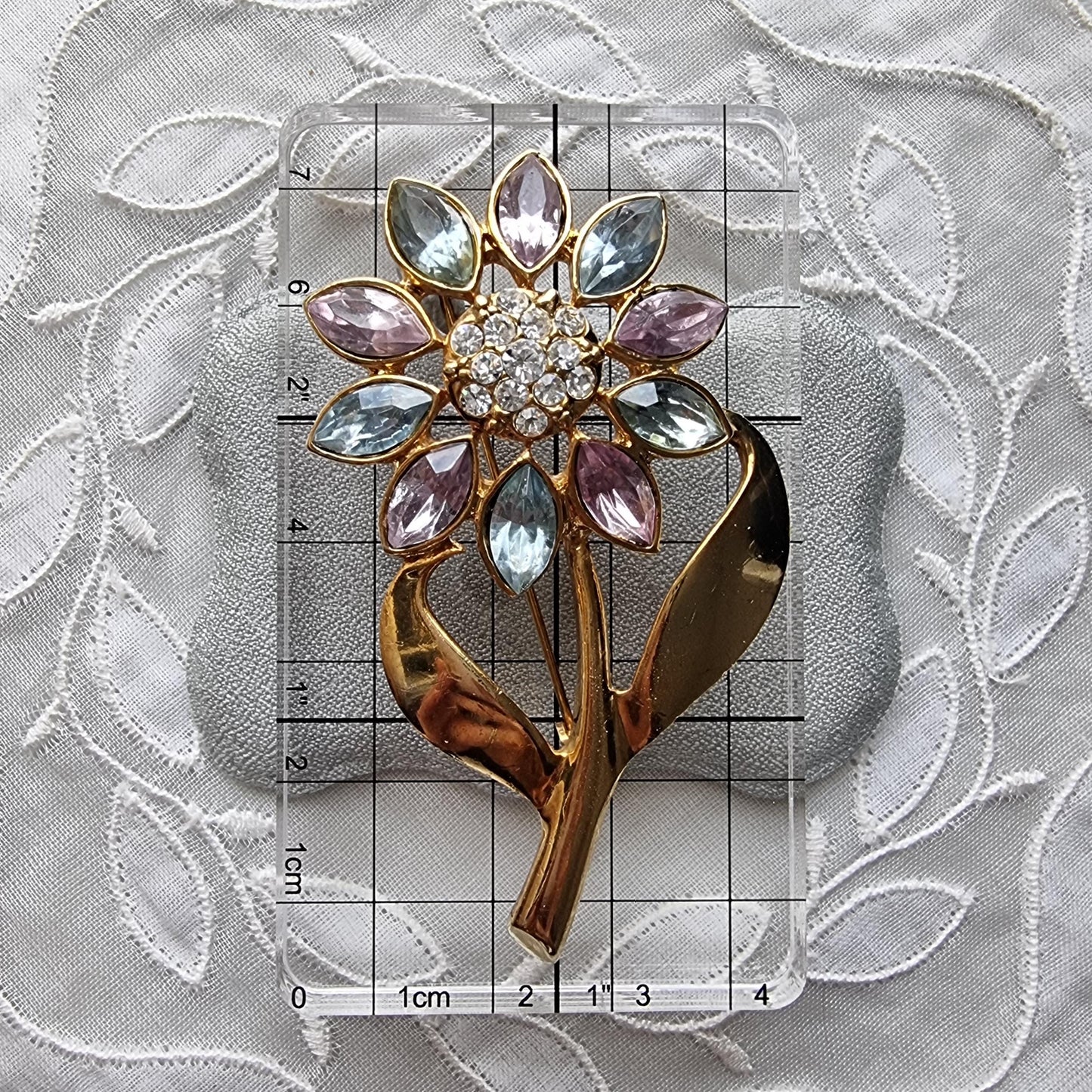 Brooch - Light Blue and Violet Crystals Flower Stem Brooch
