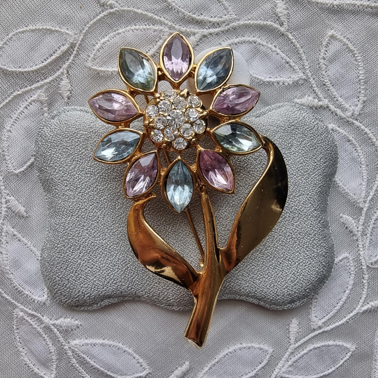 Brooch - Light Blue and Violet Crystals Flower Stem Brooch