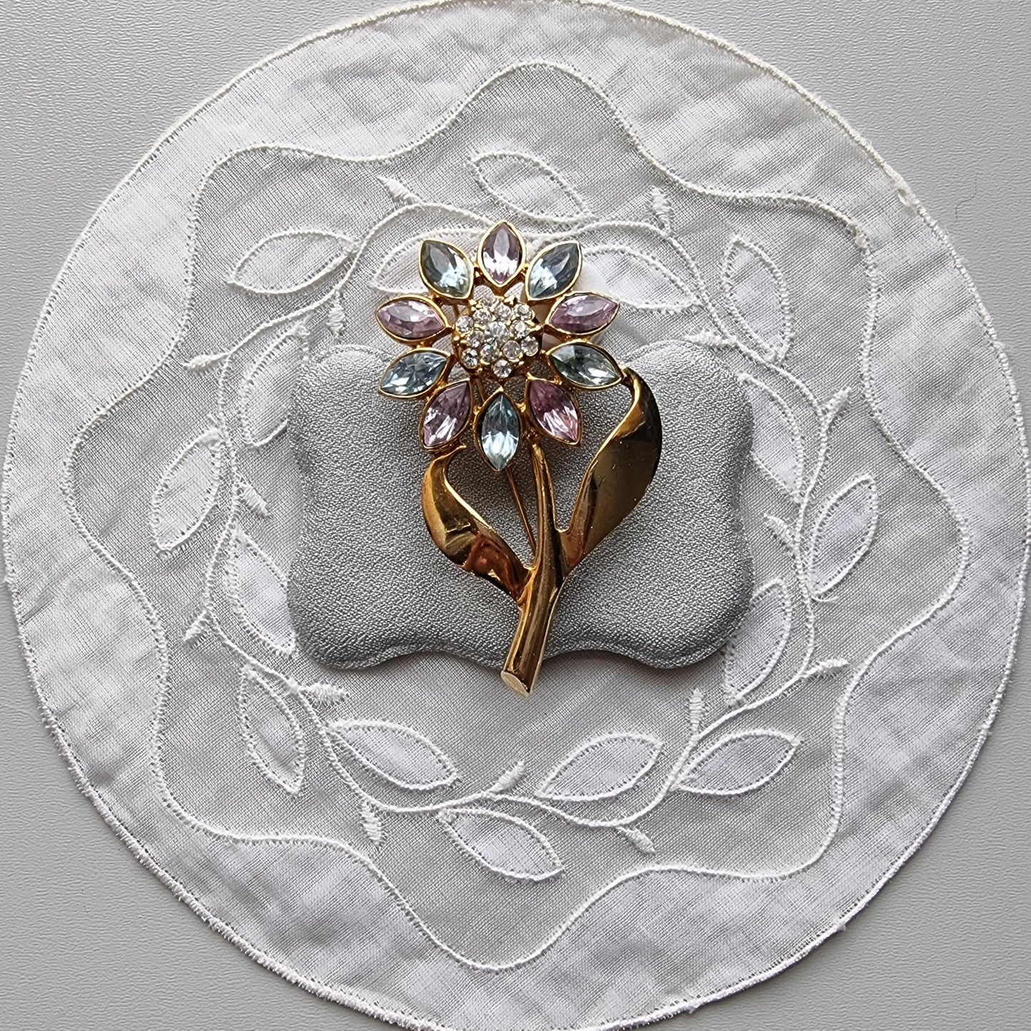 Brooch - Light Blue and Violet Crystals Flower Stem Brooch