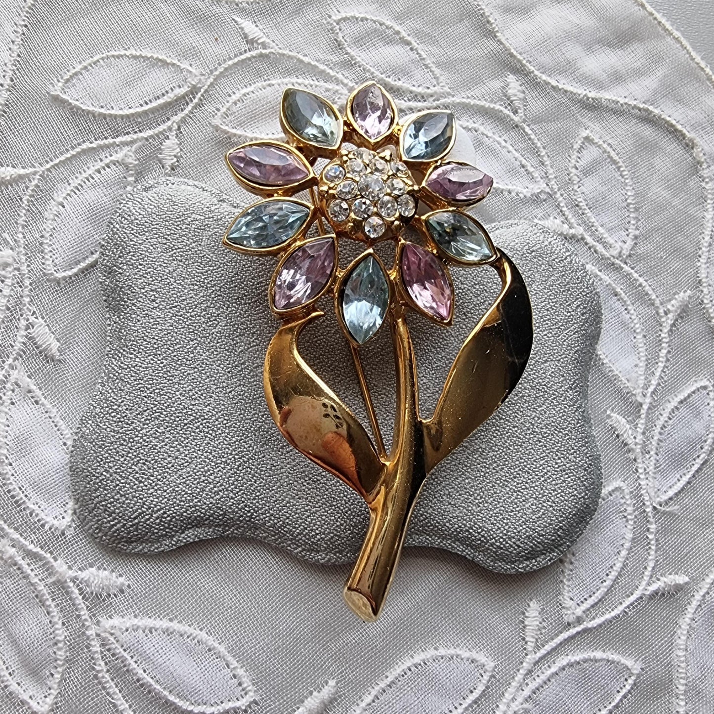 Brooch - Light Blue and Violet Crystals Flower Stem Brooch