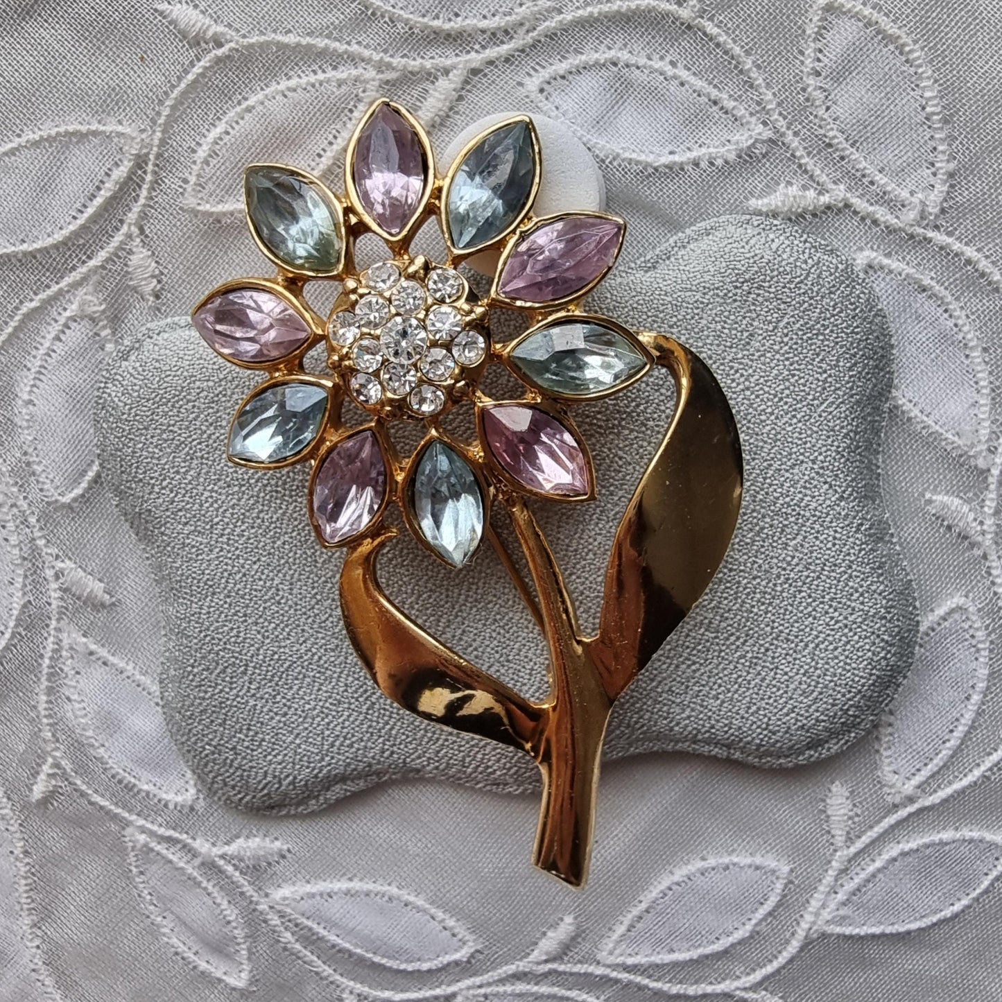 Brooch - Light Blue and Violet Crystals Flower Stem Brooch
