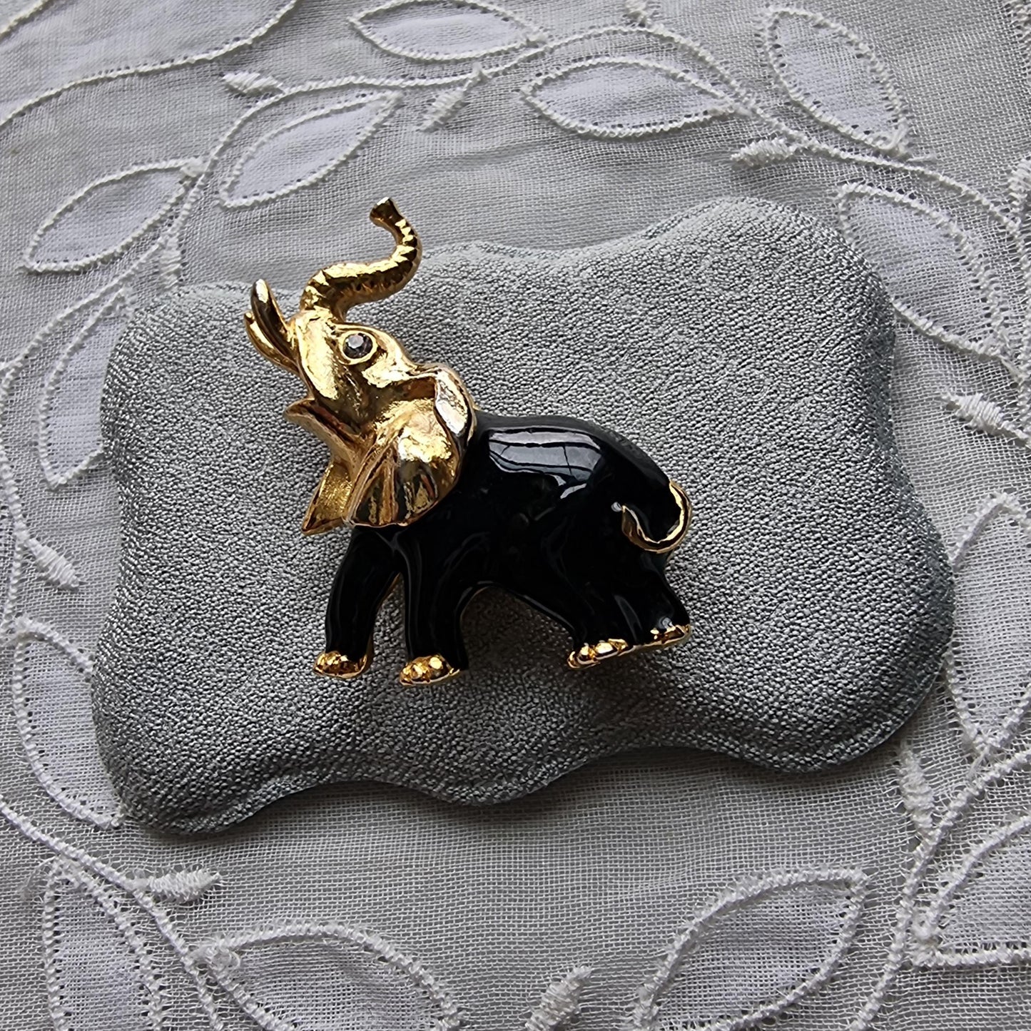 Brooch - Gold and Black Enamel Elephants Brooch