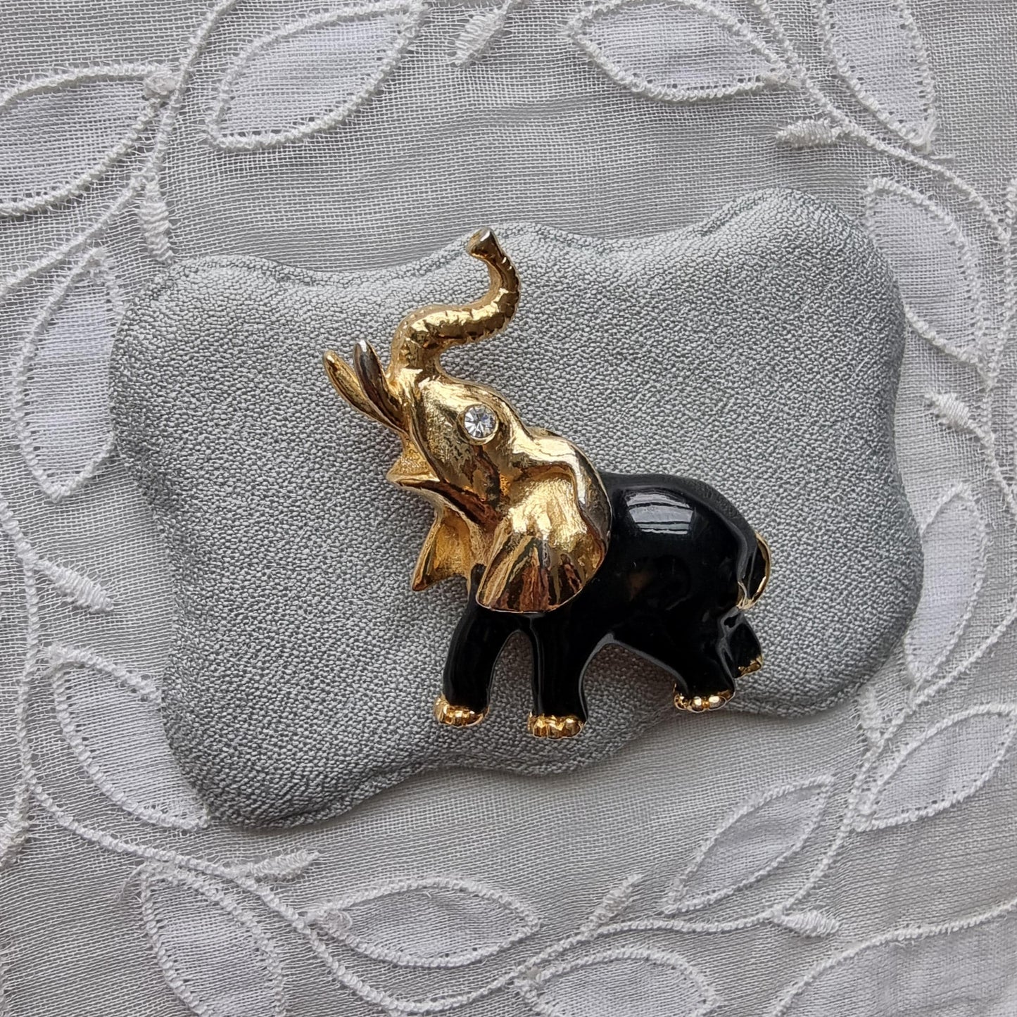 Brooch - Gold and Black Enamel Elephants Brooch