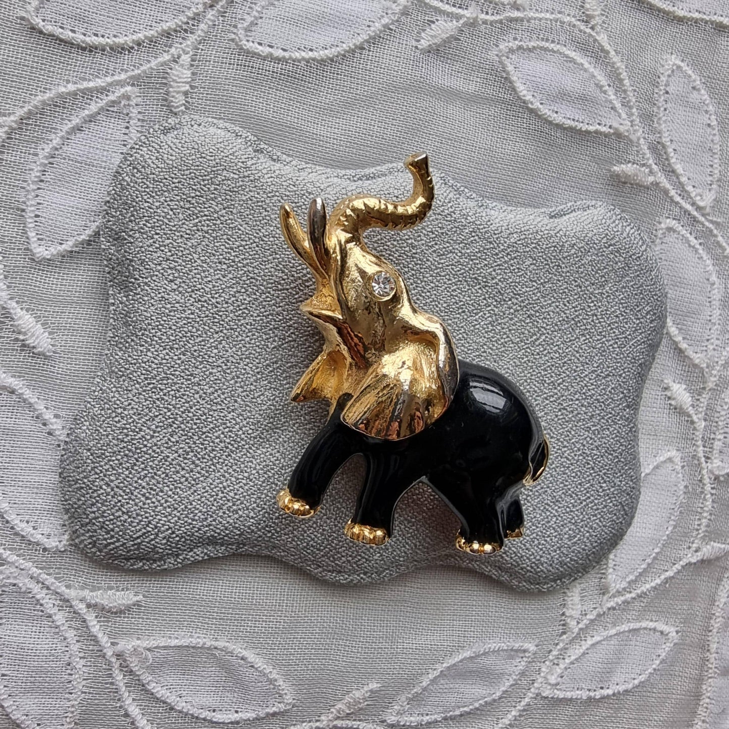 Brooch - Gold and Black Enamel Elephants Brooch