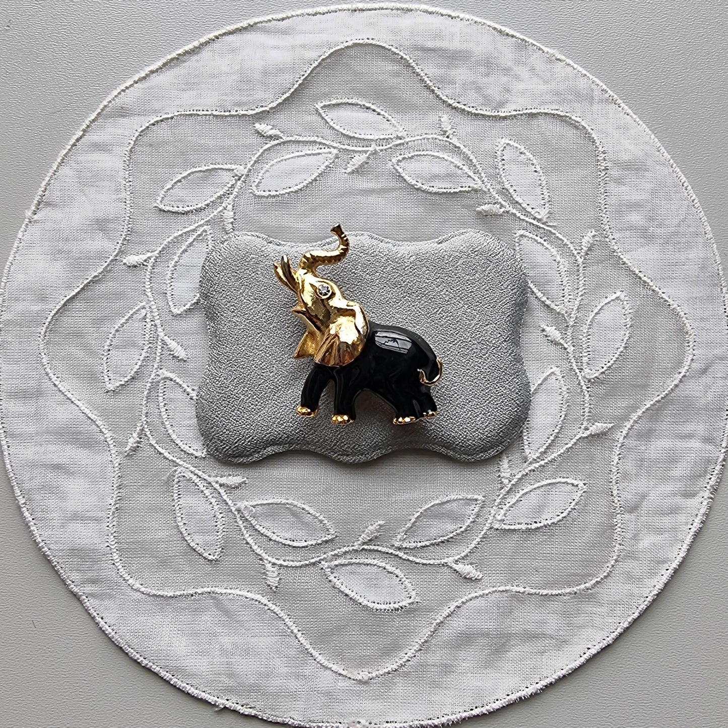 Brooch - Gold and Black Enamel Elephants Brooch