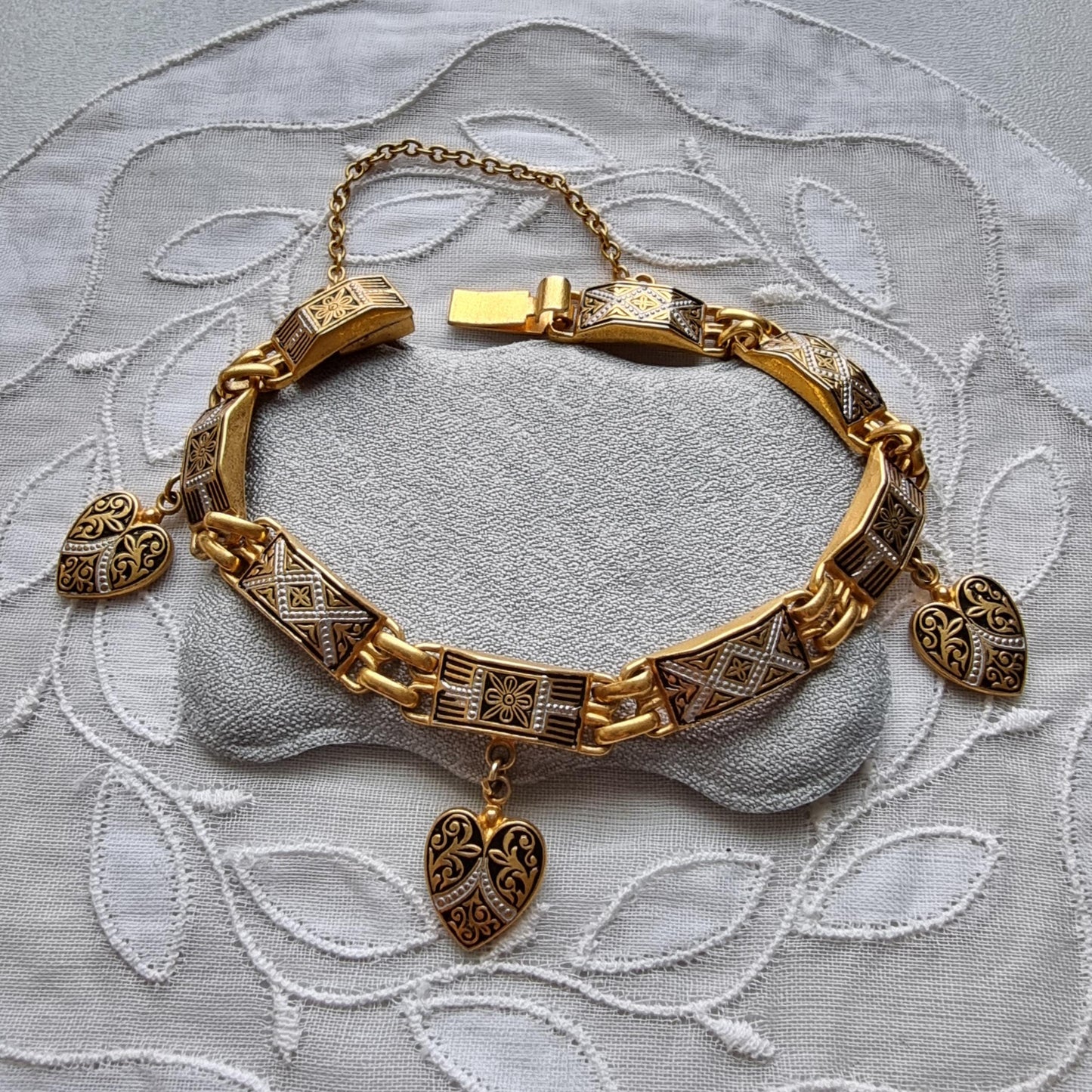 Bracelet - Square Black Panel Link Heart Charm Damascene Bracelet