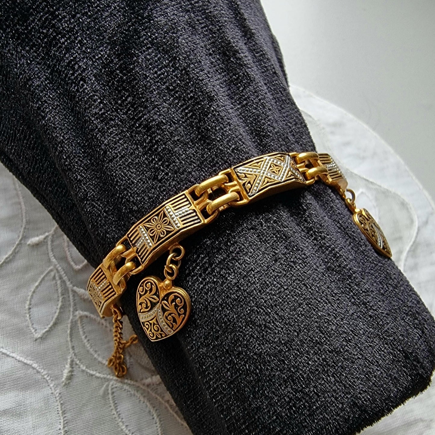 Bracelet - Square Black Panel Link Heart Charm Damascene Bracelet