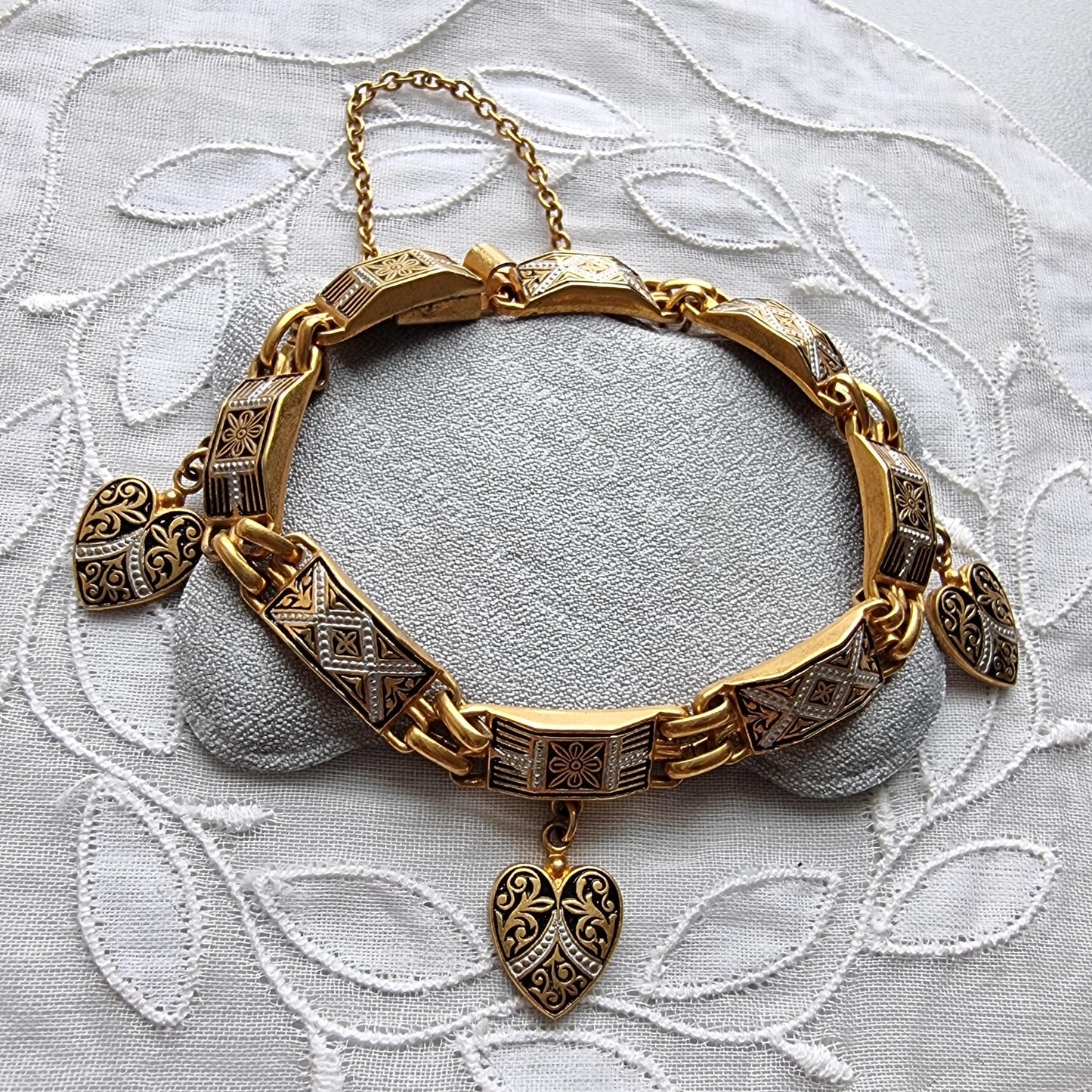 Bracelet - Square Black Panel Link Heart Charm Damascene Bracelet