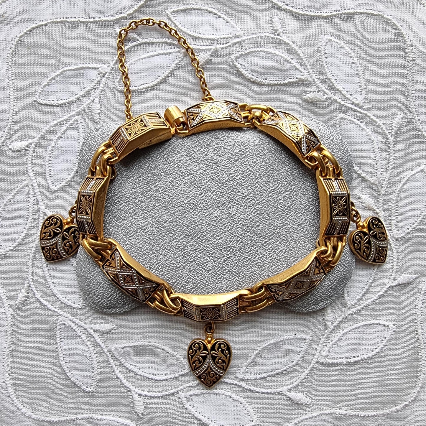 Bracelet - Square Black Panel Link Heart Charm Damascene Bracelet